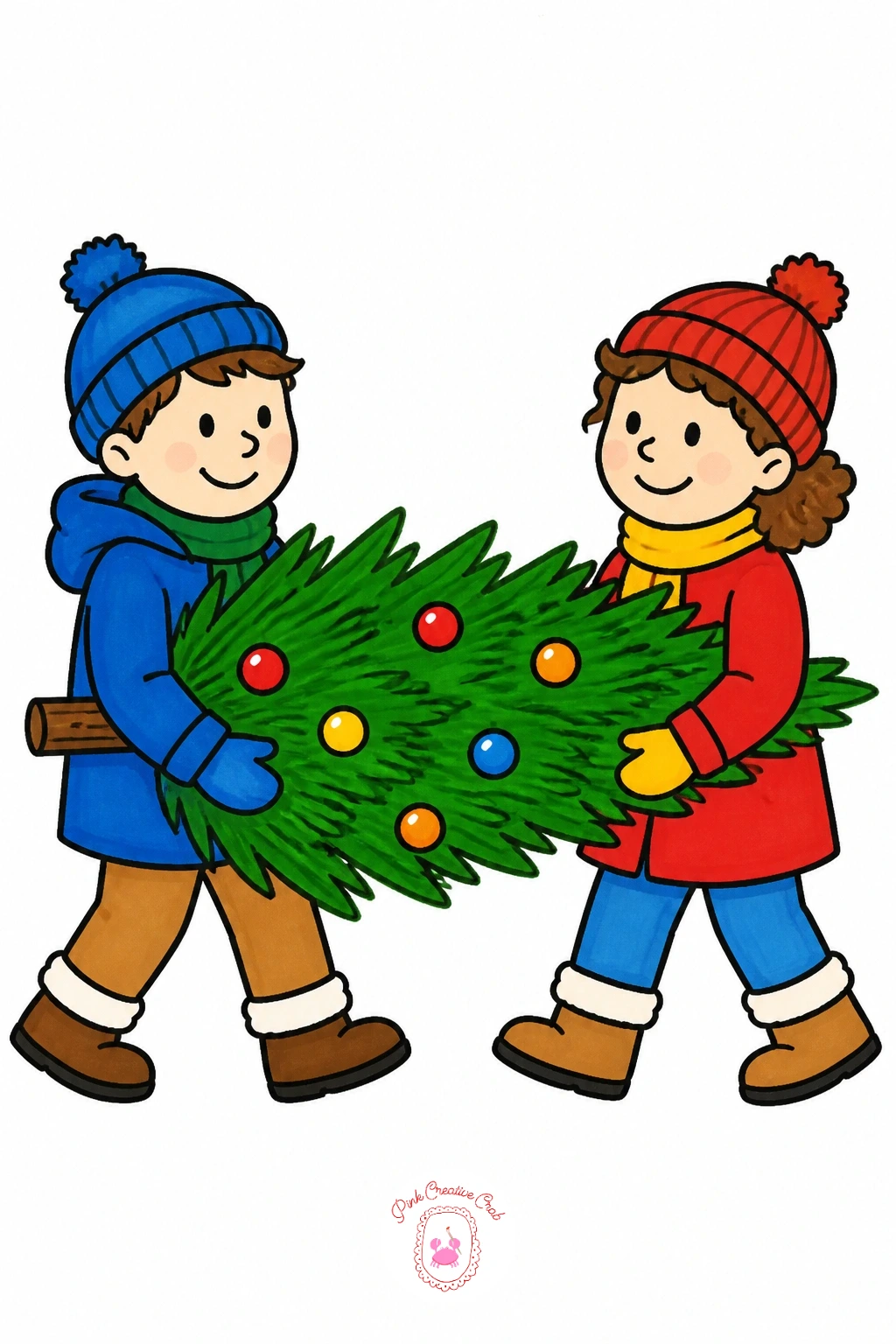 Tree Carried By Two Friends — Give the scene some motion with a tree being carried home by two friends, one at each end. Christmas tree drawing easy