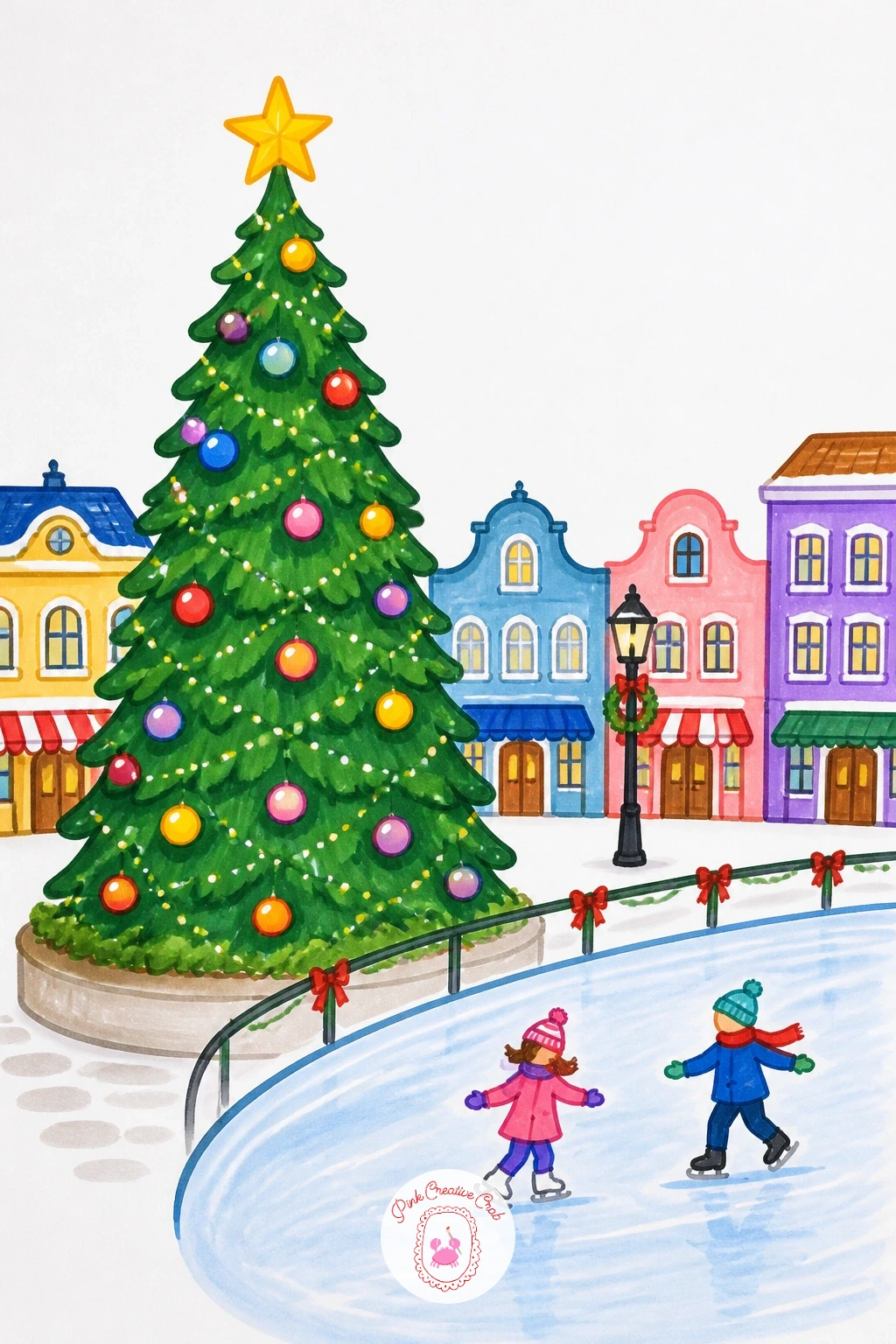 Tree In The Town Square With Skaters — Scale up to a small town square scene with a tall tree in the middle and a couple of skaters gliding past. Christmas