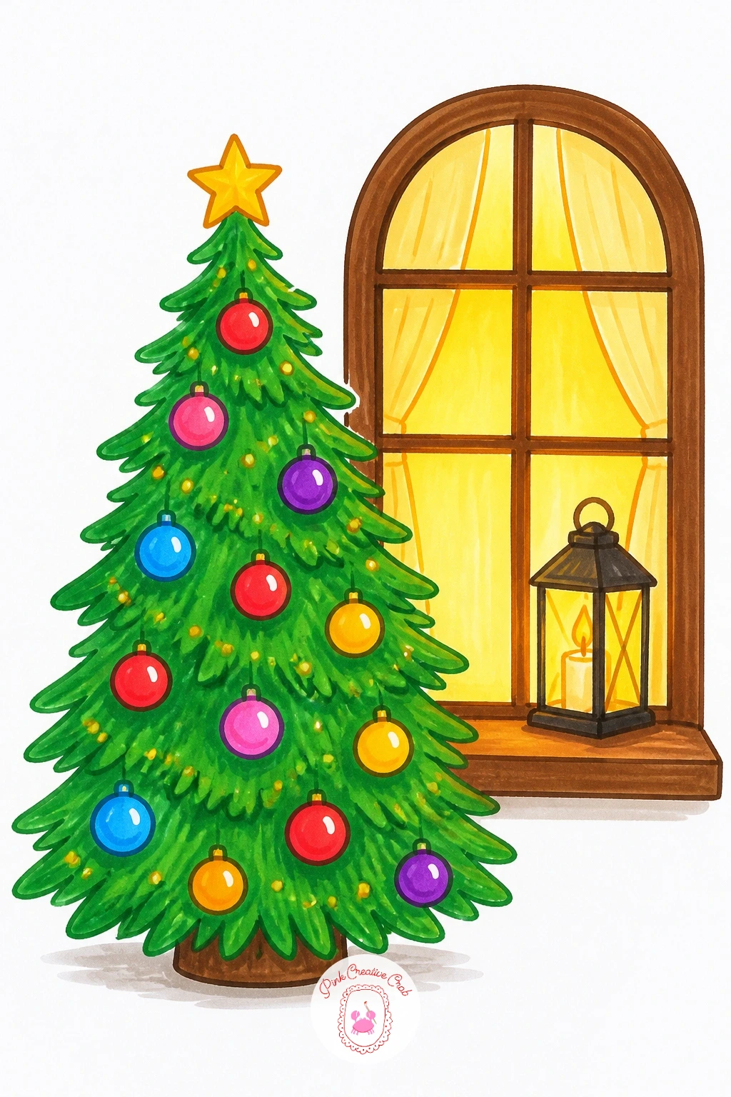 Tree By A Lit Window — Move indoors with a tree glowing beside a lit window at night, a cozy scene that only needs a few shapes. Christmas tree drawing easy