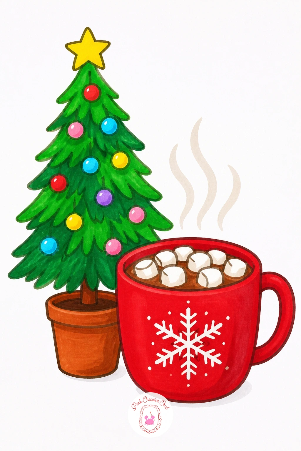 Tree Beside A Mug Of Cocoa — Zoom in close for a cozy still-life style scene: a small table tree standing beside a steaming mug of cocoa. Christmas tree