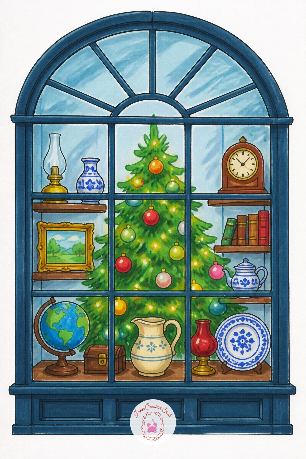 Tree In An Antique Shop Window — Borrow the feel of a little shopfront and set a tree glowing in an antique shop window. Christmas tree drawing easy