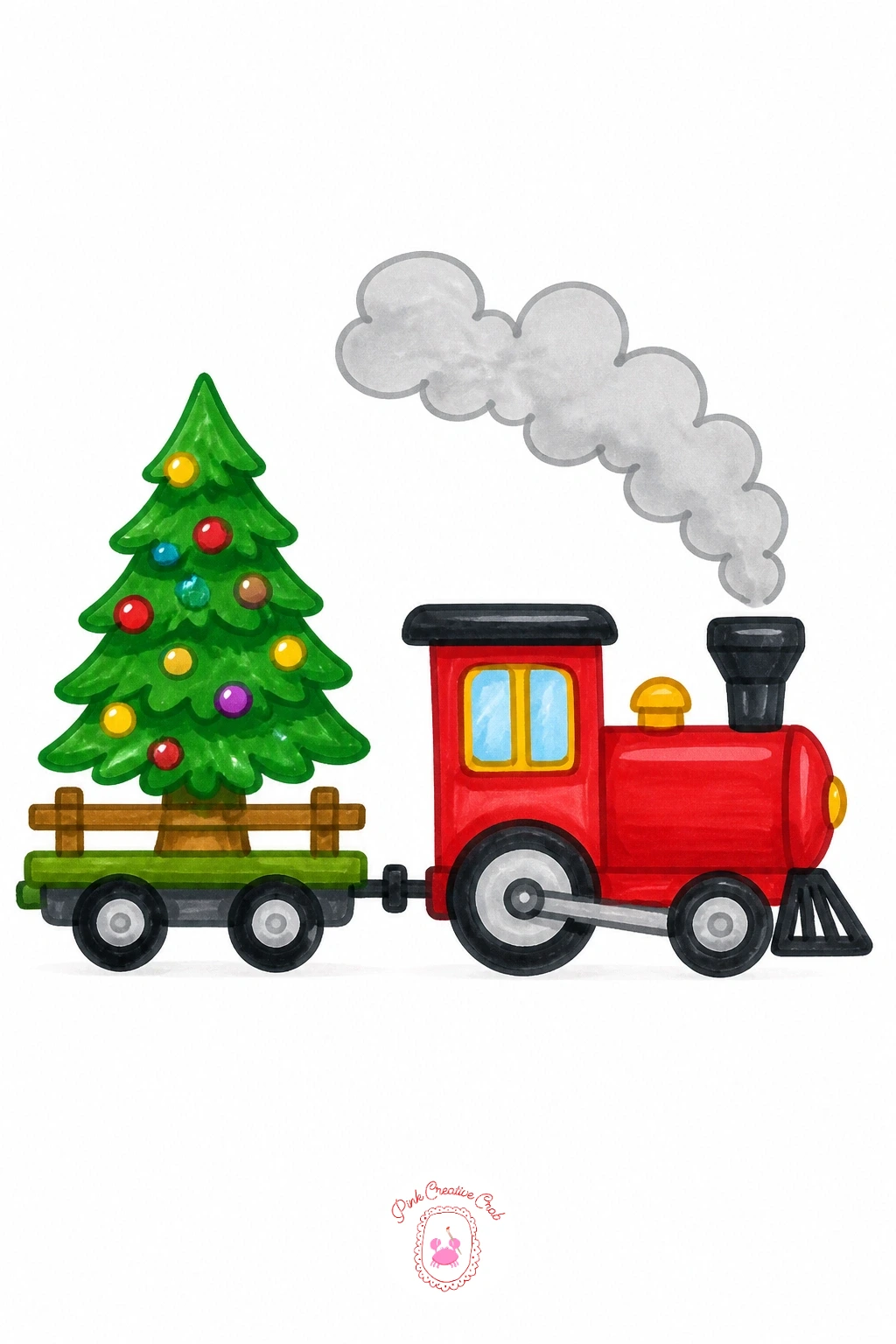 Tree Pulled By A Toy Train — Add a playful note with a tiny tree riding on a flatbed toy train car. Christmas tree drawing easy