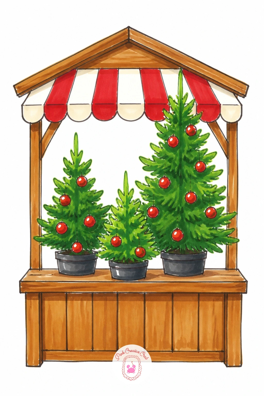Tree At A Market Stall — Widen the scene slightly with a small market stall selling trees, a simple structure with one tree standing out front. Christmas tree