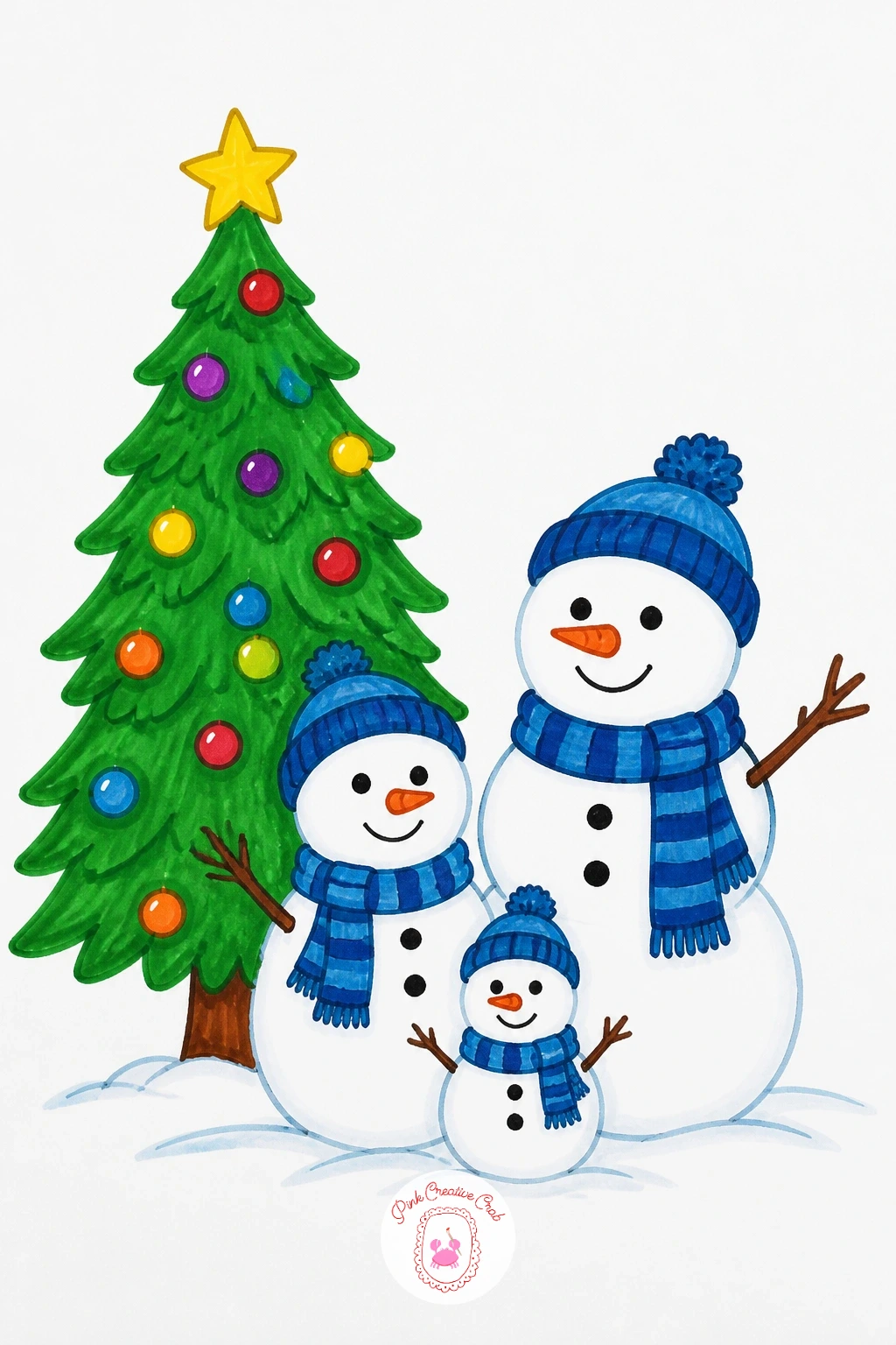 Tree Beside A Snowman Family — Add a crowd scene with a tree standing beside a small family of snowmen in different sizes. Christmas tree drawing easy