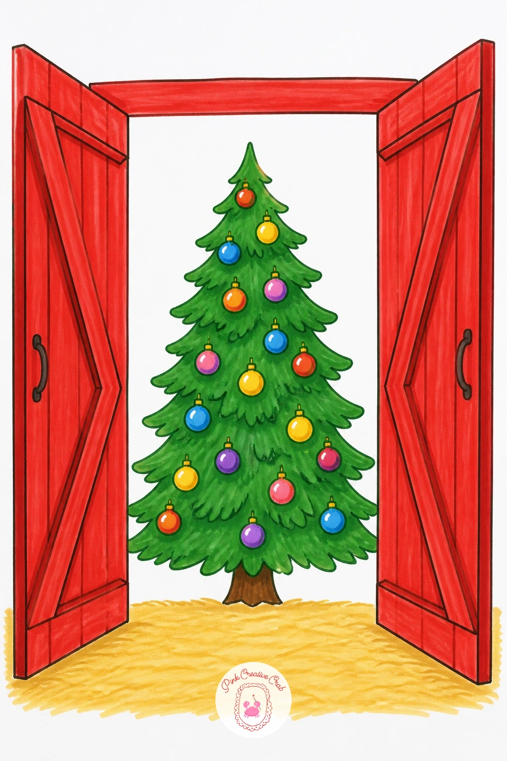 Tree Framed By A Barn Door — Borrow a countryside feel with a tree glowing just inside the open doors of a red barn. Christmas tree drawing easy