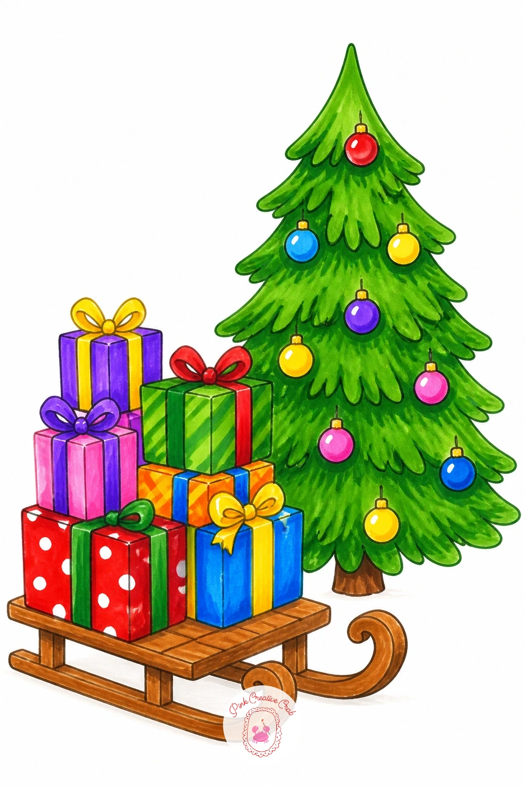 Tree Beside A Stack Of Wrapped Gifts On A Sled — Combine two favorite props into one scene with a tree and a stack of wrapped gifts loaded onto a small wooden