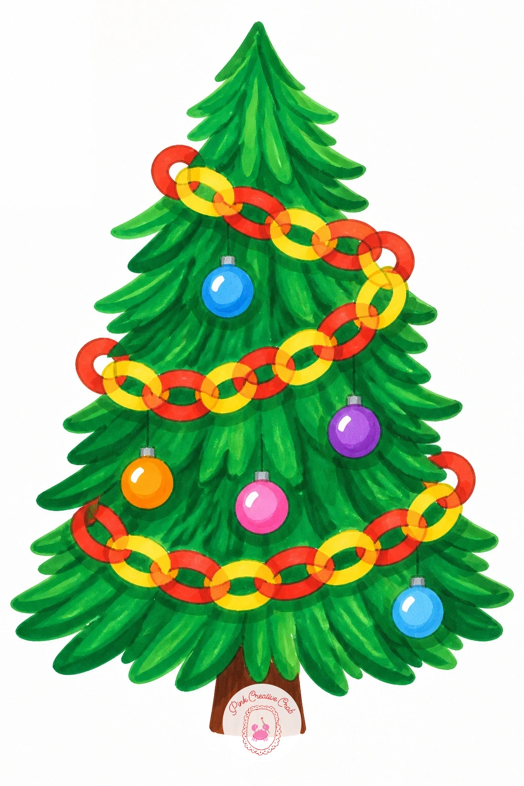 Tree With A Paper Chain Garland — Decorate a tree with a looping paper chain garland instead of a straight light string, a fun texture challenge for a