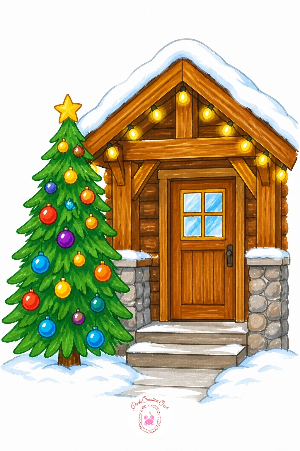 Tree At A Ski Lodge Entrance — Give the scene a cozy lodge setting with a tree standing beside a timber doorway, string lights framing the entrance. Christmas