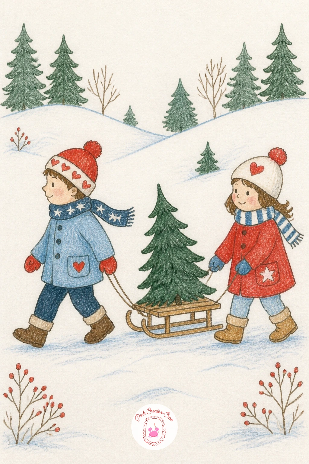 Friends Carrying a Tree Home on a Sled — Following on from the girl and her dog, try a busier little scene: two friends carrying a small tree home on a wooden