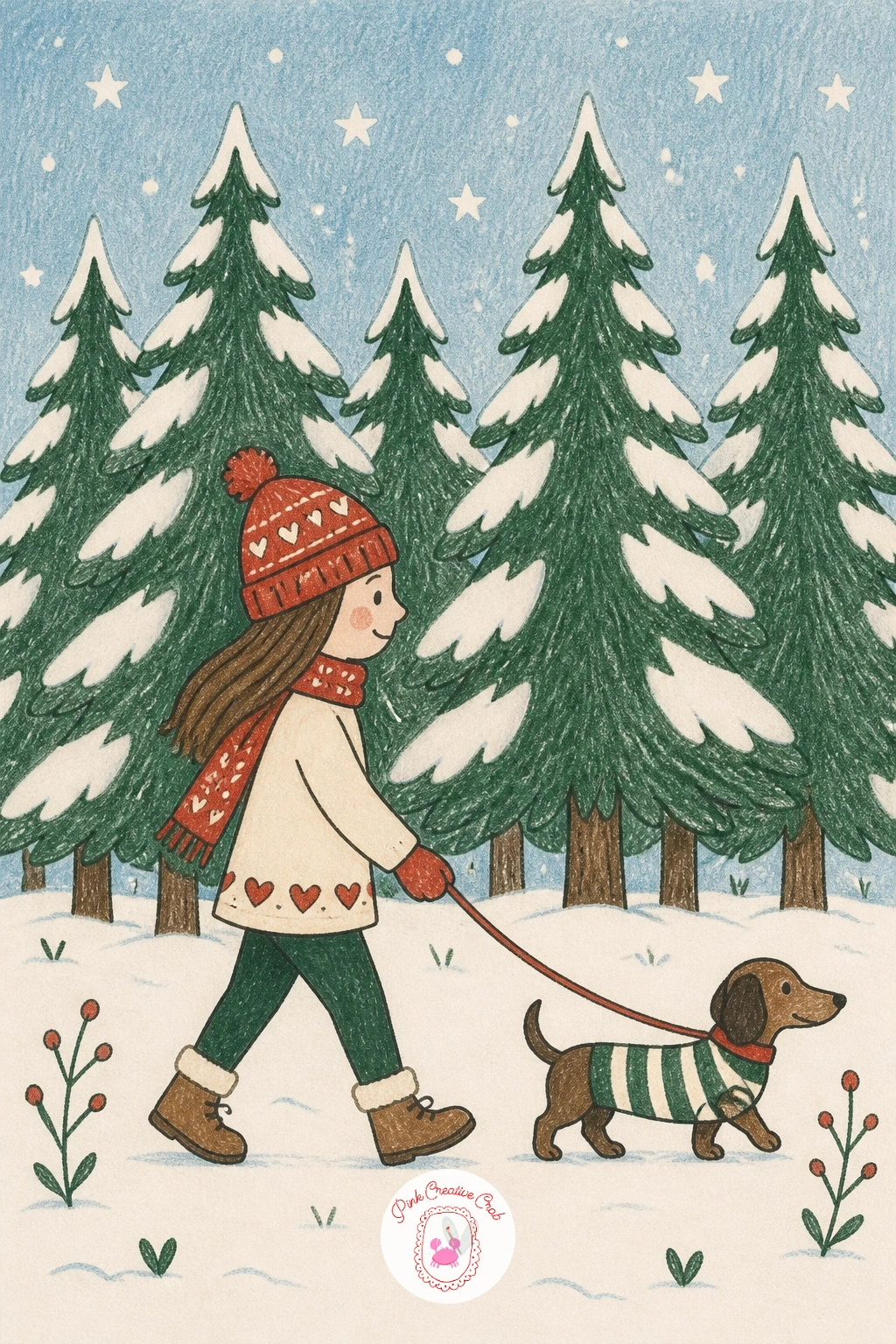 Girl Walking a Dachshund Past Pines — Start with the easiest story in the set: a girl in a red bobble hat walking a dachshund in a striped sweater past snowy