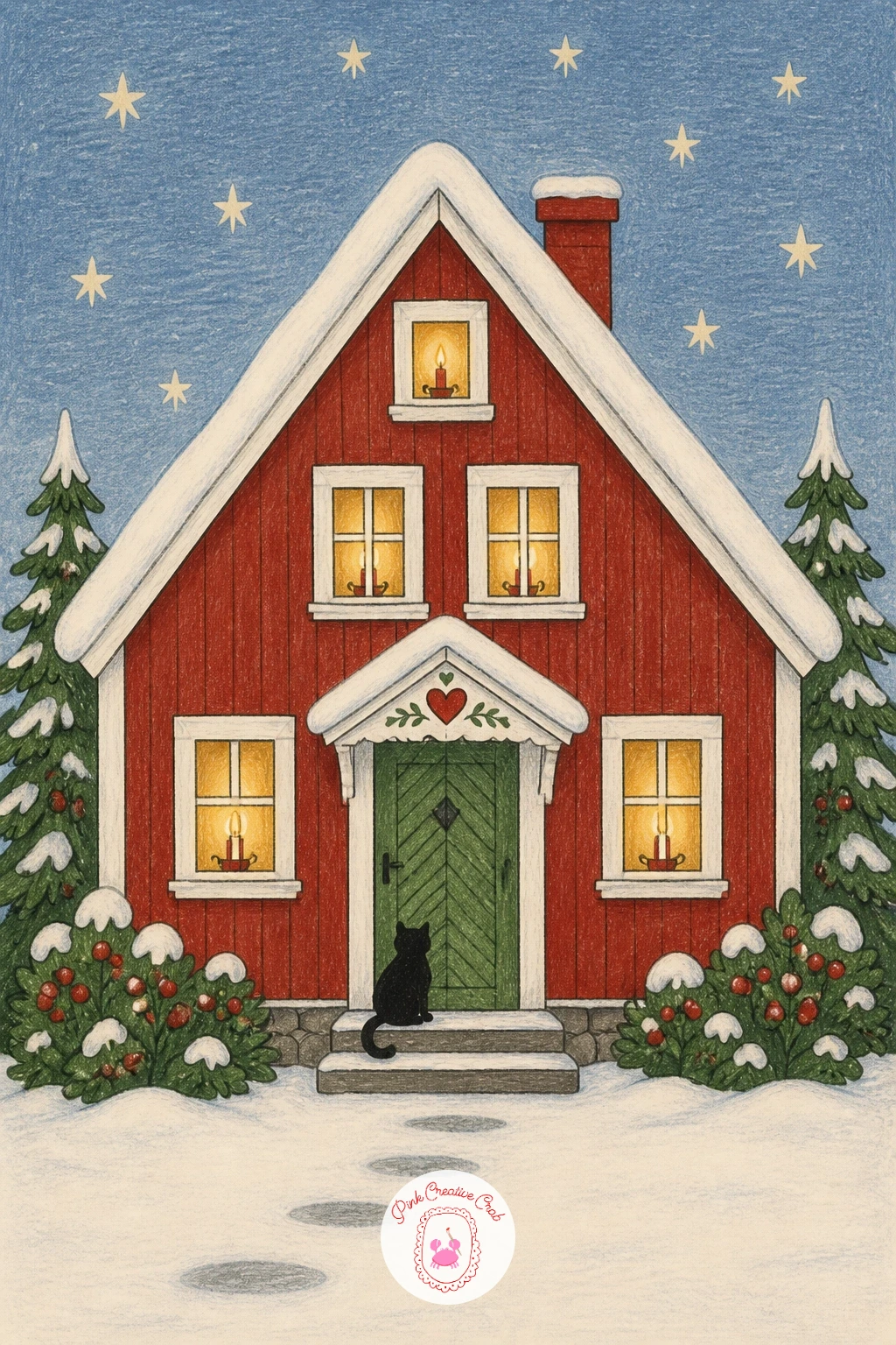 Red Cabin With a Candle in Every Window — Move from figures to architecture with a red Swedish cabin with a candle in every window and a cat on the step.