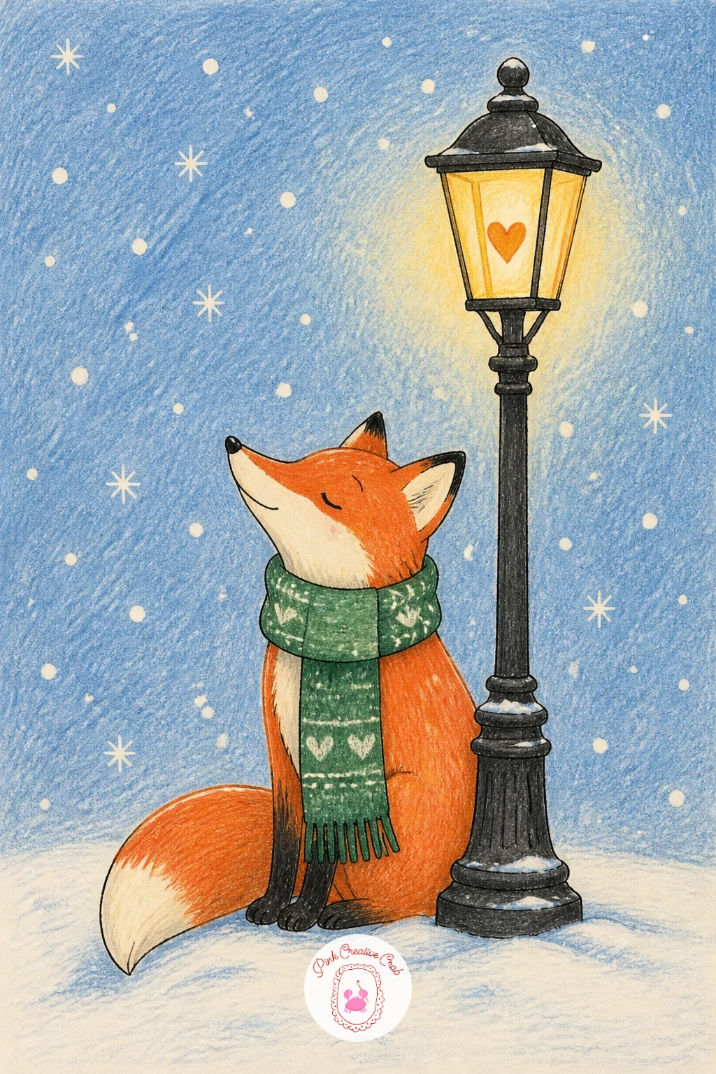 Fox in a Knitted Scarf Under a Lamppost — Give the village a quiet little character next: a fox in a knitted scarf sitting under a lamppost in the snow. Winter