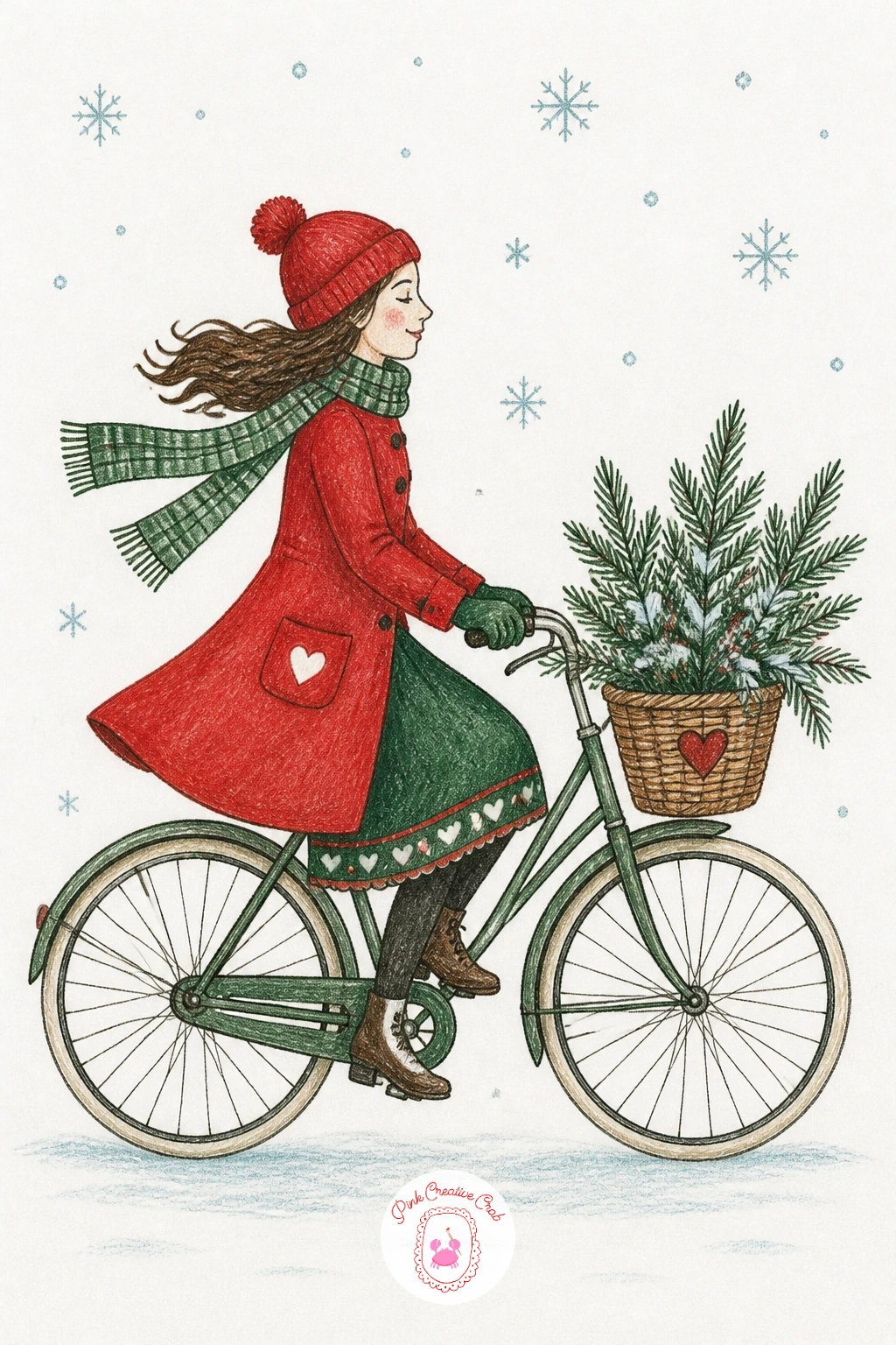 Woman on a Vintage Bicycle With Pine Branches — Keep the momentum going with a woman on a vintage bicycle with a basket full of pine branches. Winter scenery