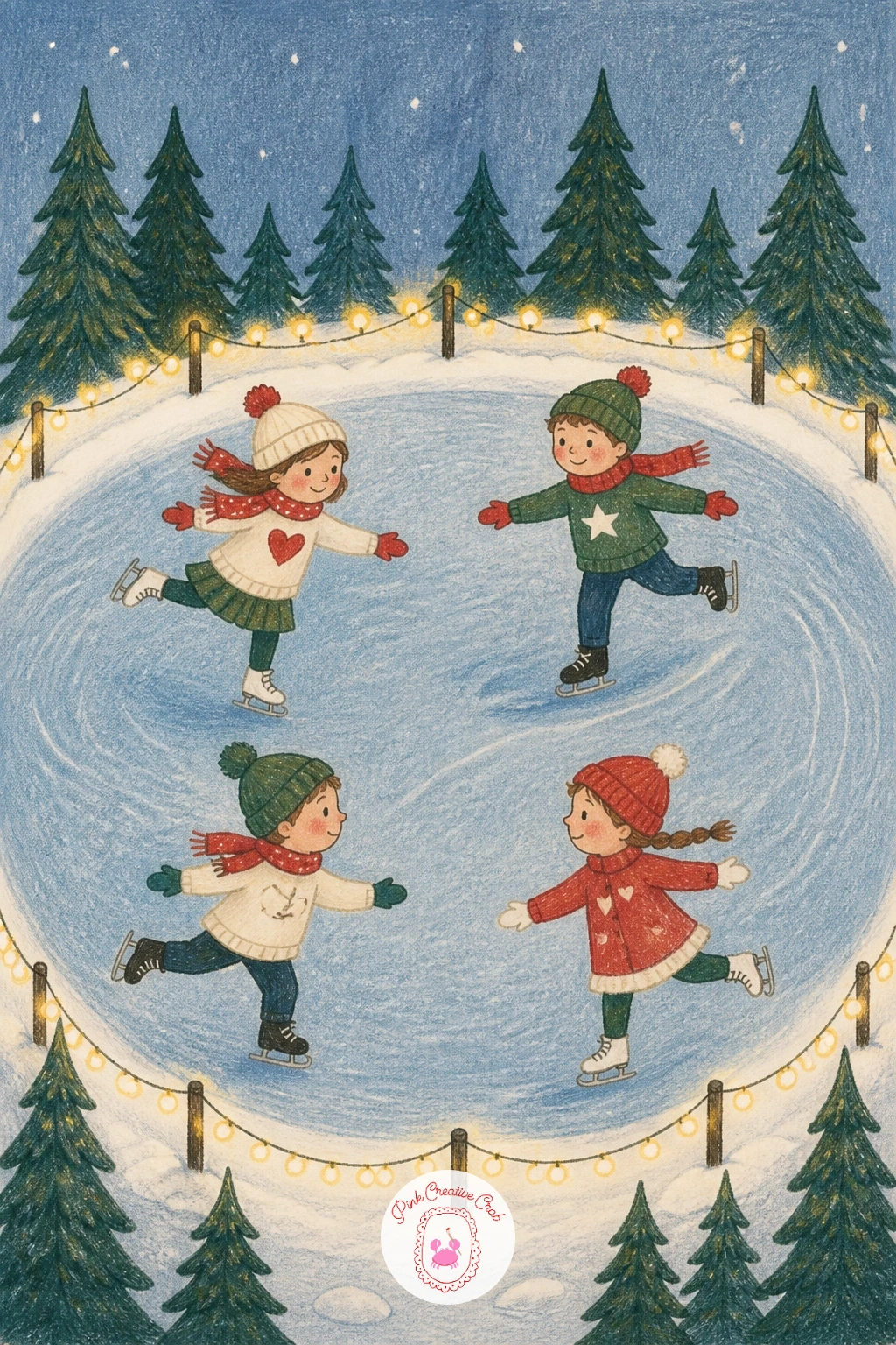 Kids Skating on a Pond Ringed With Fairy Lights — Widen the scene a little with kids skating on a round pond ringed with fairy lights. Winter scenery drawing