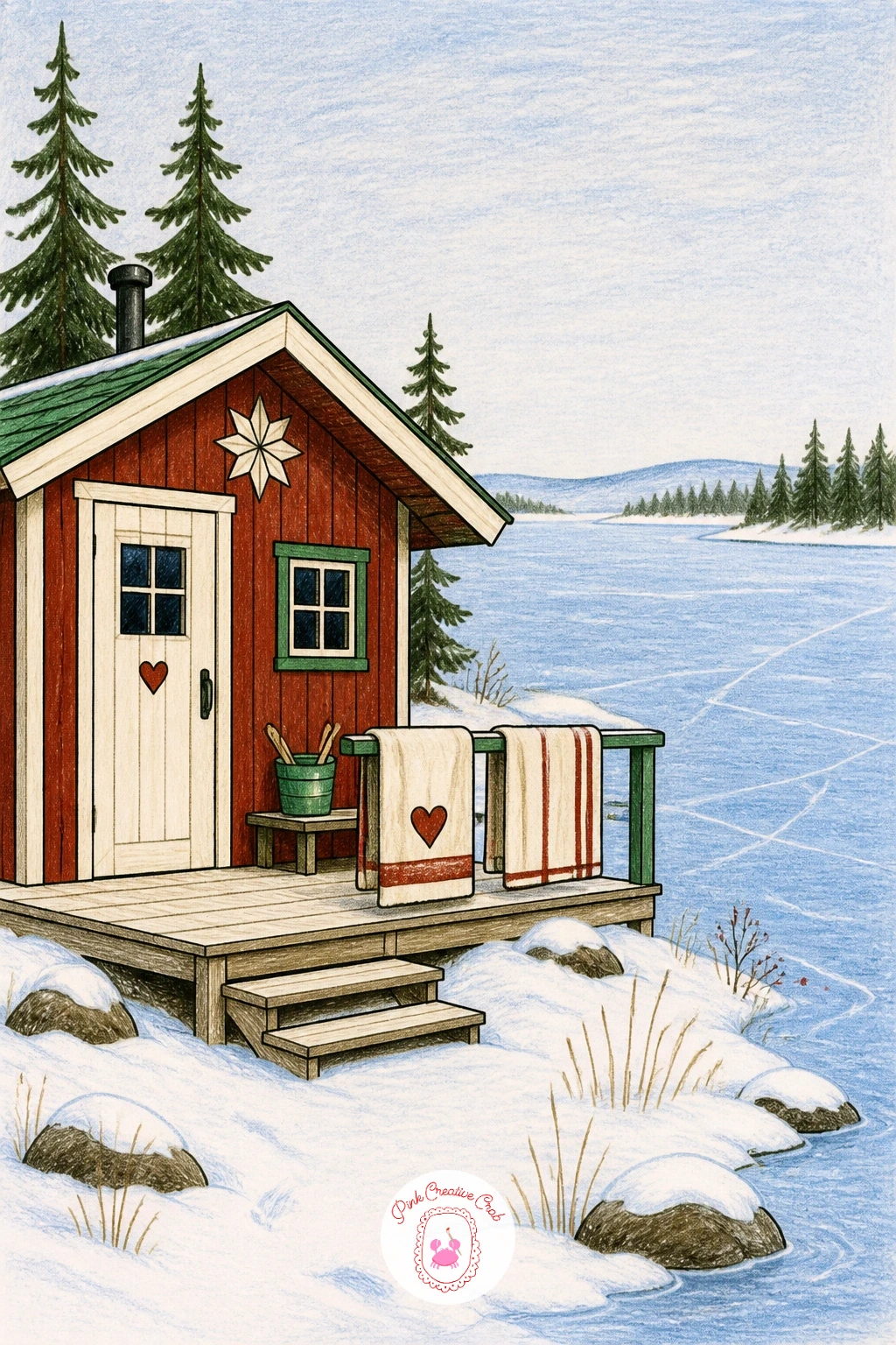 Sauna Hut With Towels Drying by a Lake — Bring in a quieter mood with a sauna hut by a frozen lake with towels drying on the rail. Winter scenery drawing