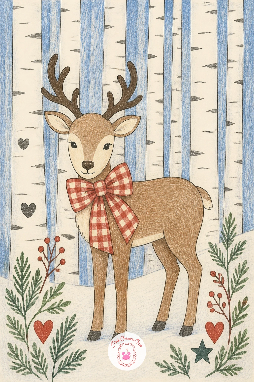 Reindeer With a Gingham Bow in Birch Woods — Shift back to a single animal portrait: a reindeer with a gingham bow tied around its neck in a birch forest.
