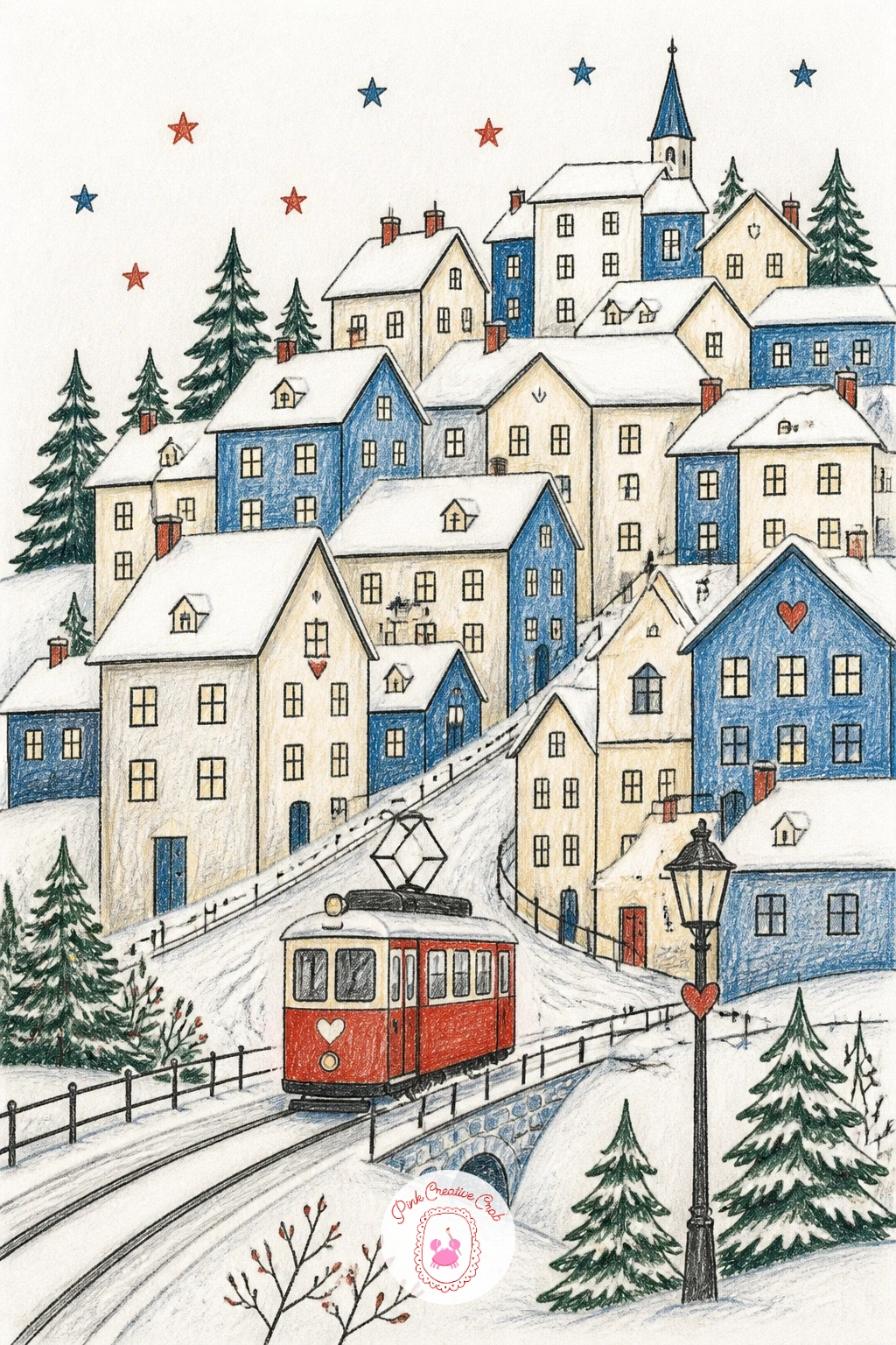 Tiny Red Tram Crossing a Hill Town — Bring in a little city charm with a tiny red tram crossing a snowy hill town. Winter scenery drawing