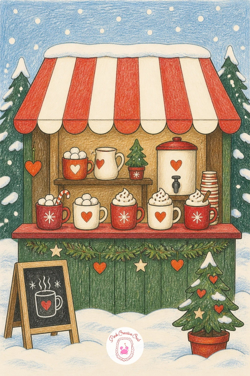Hot Chocolate Stand Under a Striped Awning — Add a cozy market moment with a hot chocolate stand under a striped awning in the snow. Winter scenery drawing