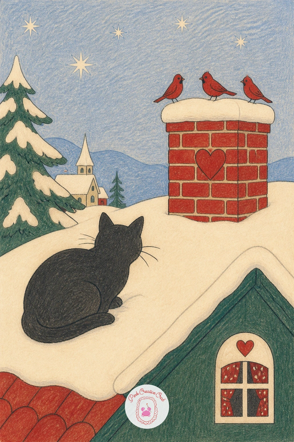 Rooftop Cat Watching Birds on the Chimney — Zoom in on a quieter rooftop moment: a snowy rooftop with a cat watching birds on the chimney. Winter scenery