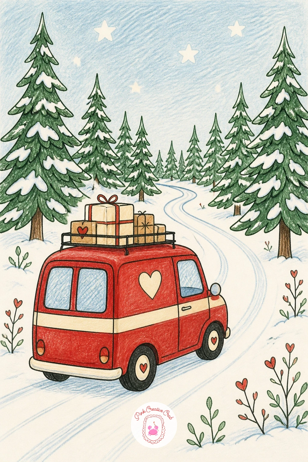 Little Red Post Van in the Woods — Keep the story moving with a little red post van delivering parcels through the woods. Winter scenery drawing