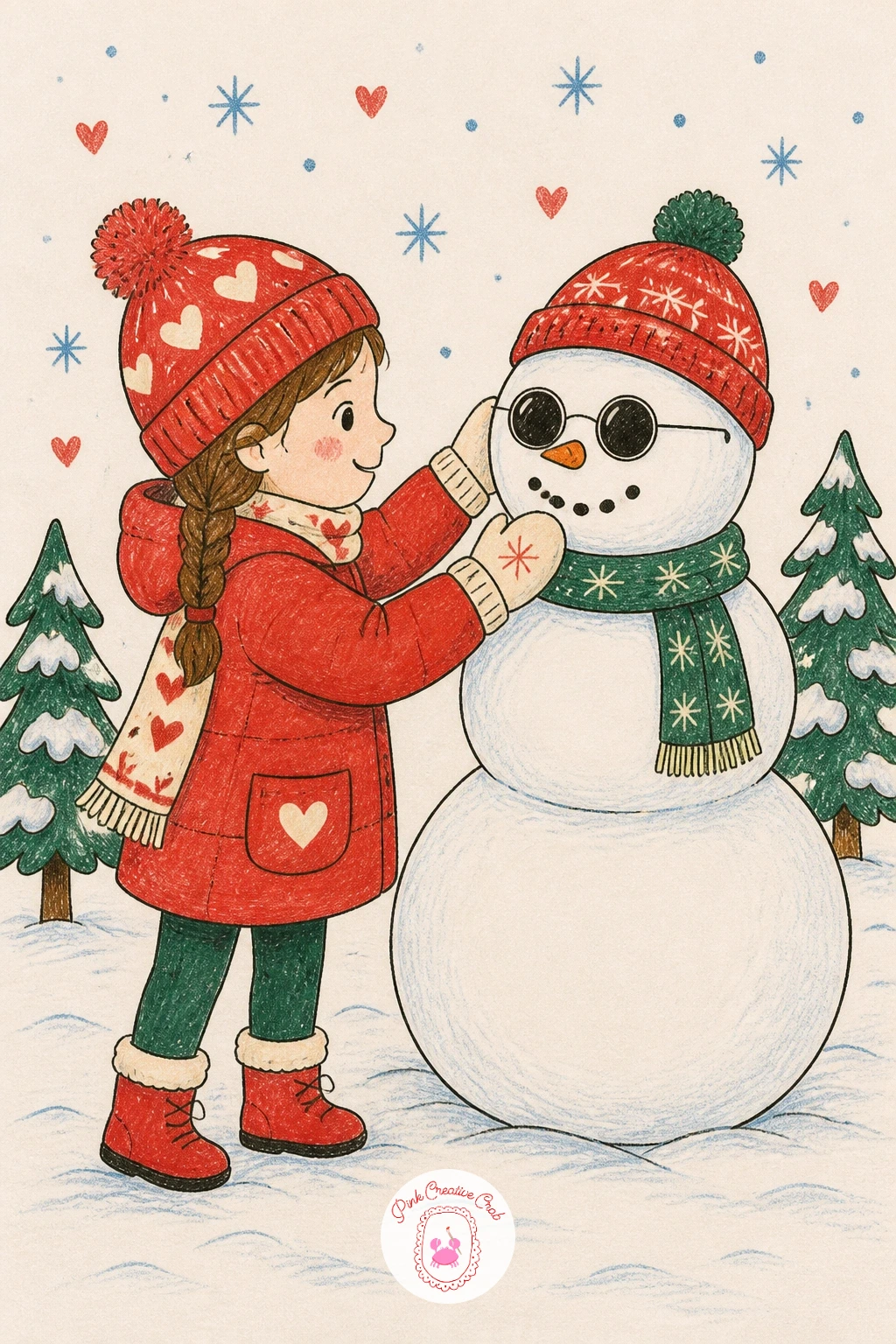 Girl Building a Snowman in Sunglasses — Bring some humor into the set with a girl in a puffer coat building a snowman wearing sunglasses. Winter scenery drawing