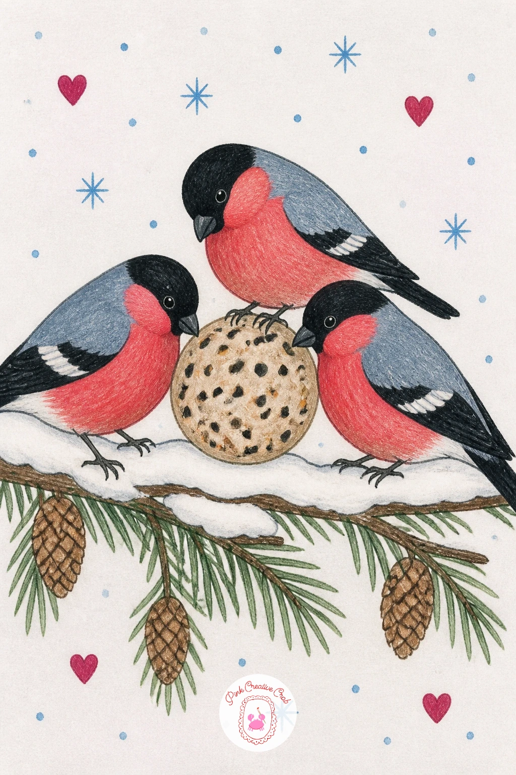 Bullfinches Sharing a Seed Ball — Slow the pace with a small nature study: three bullfinches sharing a seed ball on a branch. Winter scenery drawing