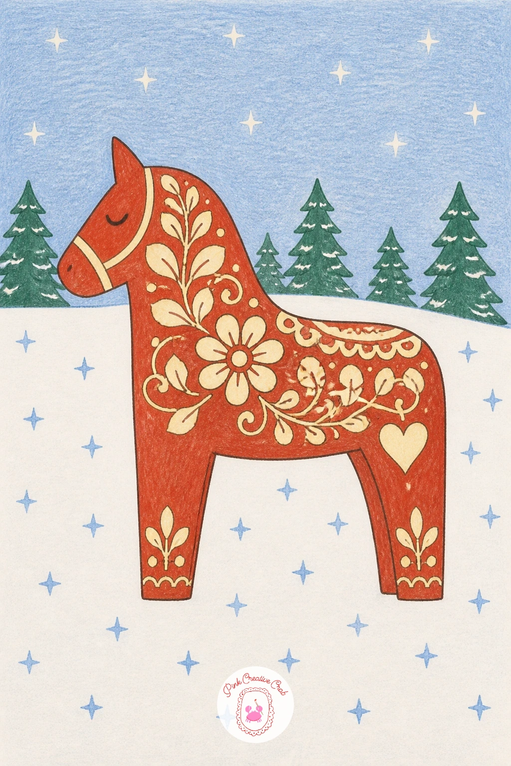Dala Horse in a Field of Snow Stars — Turn to a folk art icon with a Dala horse standing in a field of snow-covered stars. Winter scenery drawing