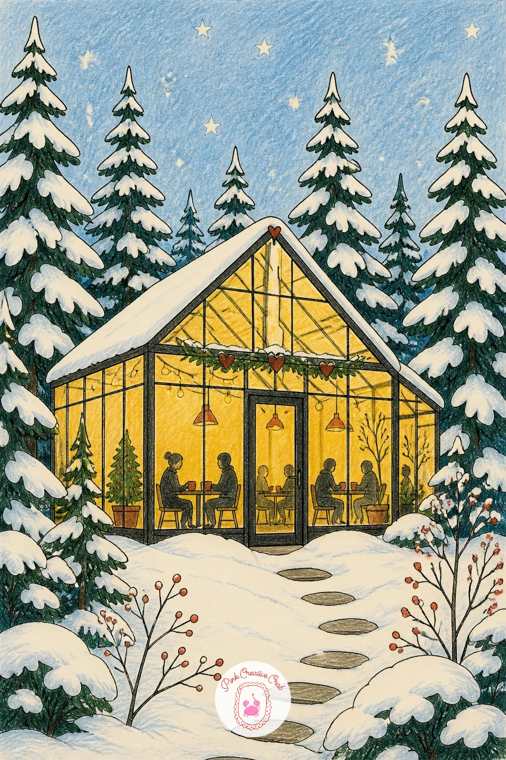 Glasshouse Café Glowing Among Snowy Trees — Step into a cozy interior scene with a glasshouse café glowing among snowy trees. Winter scenery drawing