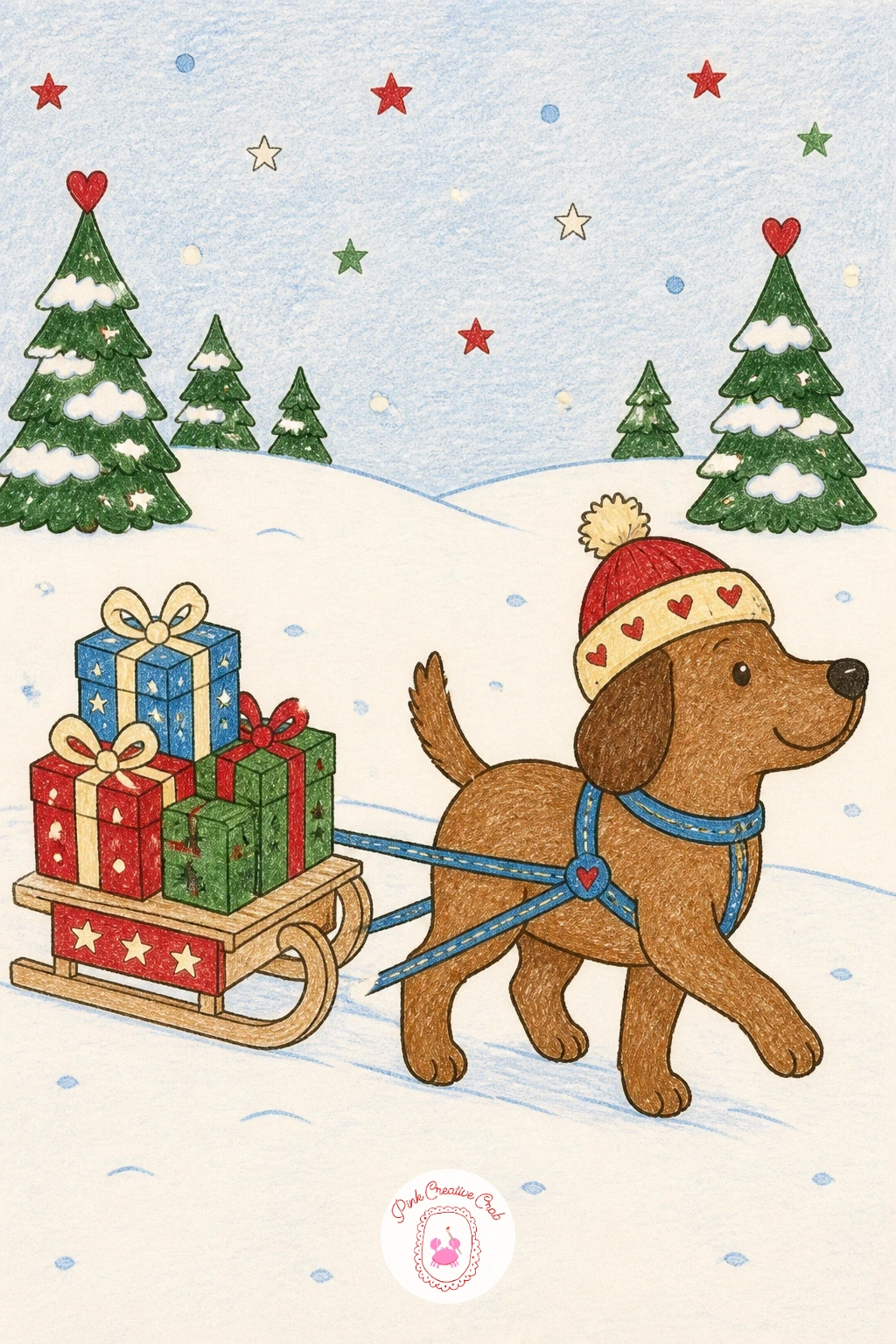 Dog Pulling a Toboggan of Presents — Return to the animals with a dog in a knitted hat pulling a toboggan of presents. Winter scenery drawing