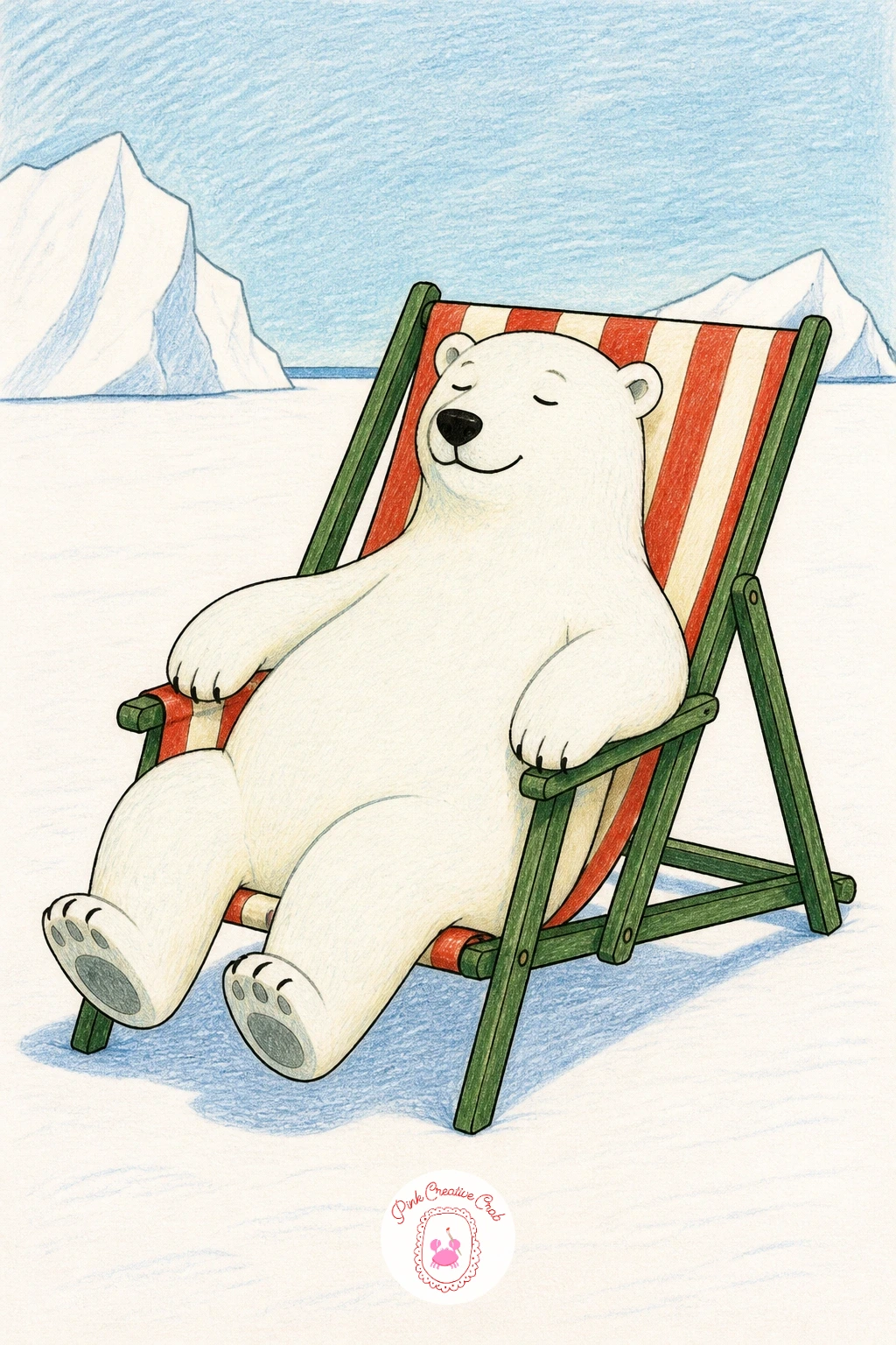 Polar Bear in a Striped Deck Chair — Bring in some gentle humor again with a polar bear sitting in a striped deck chair on the ice. Winter scenery drawing