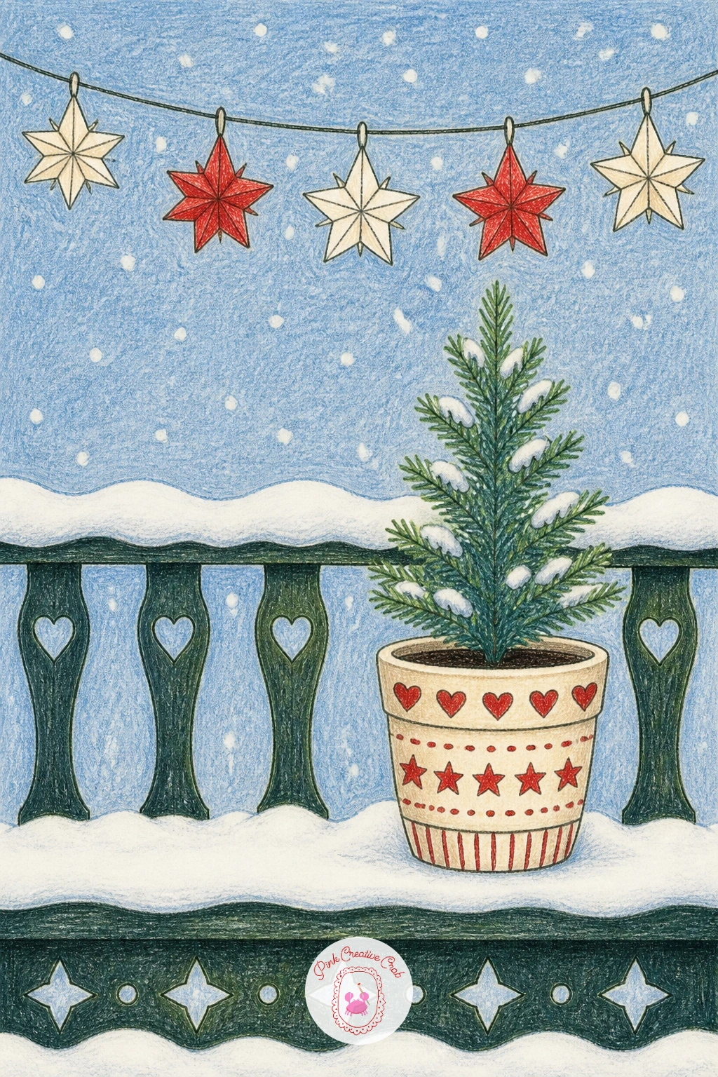 Snowy Balcony With a Tiny Tree and Paper Stars — Move to a cozy still life moment with a snowy balcony with a tiny tree and a string of paper stars. Winter