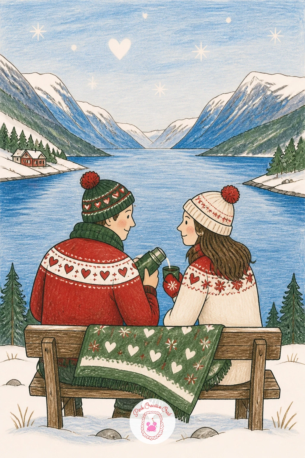 Couple Sharing a Thermos by the Fjord — Settle into a quieter mood with a couple sharing a thermos on a bench overlooking the fjord. Winter scenery drawing