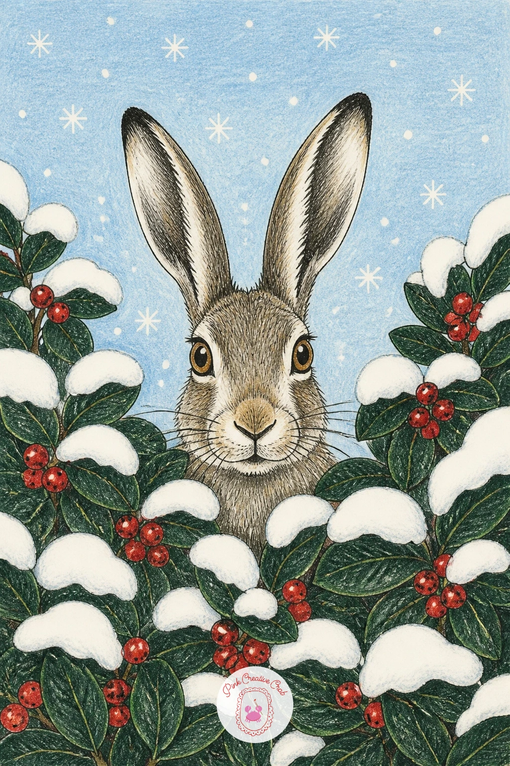 Hare Peeking From a Snowy Hedge With Berries — Bring the focus back to a single animal with a hare peeking out from a snowy hedge with red berries. Winter