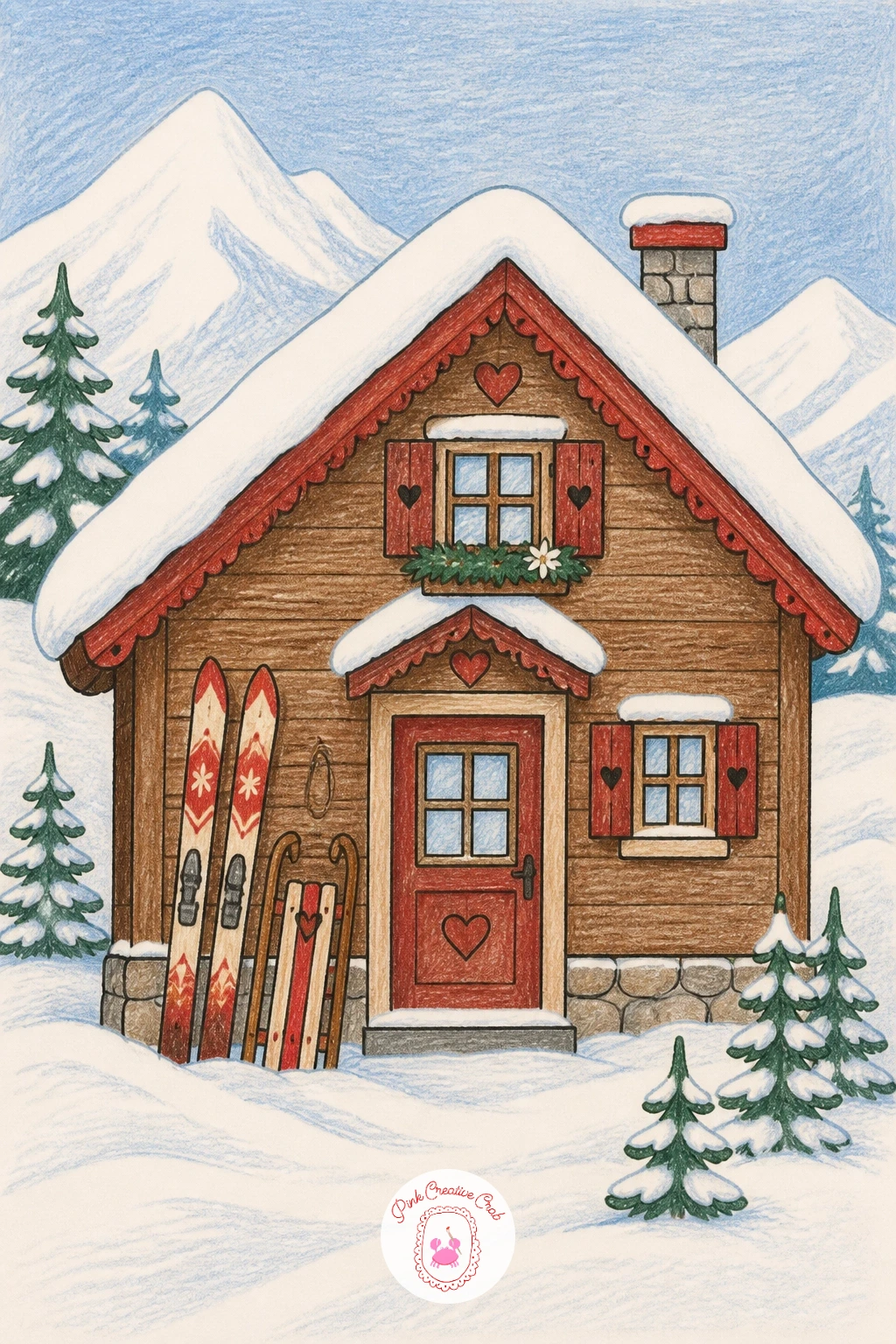 Ski Chalet With Skis Leaning by the Door — Return to architecture with a ski chalet with skis and sledges leaning by the door. Winter scenery drawing