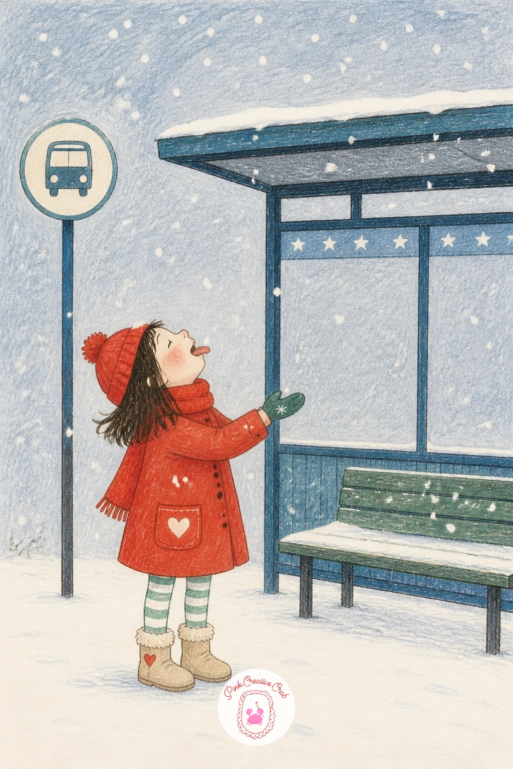 Girl Catching Snowflakes at a Bus Stop — Add a tender little moment with a little girl catching snowflakes on her tongue at a bus stop. Winter scenery drawing