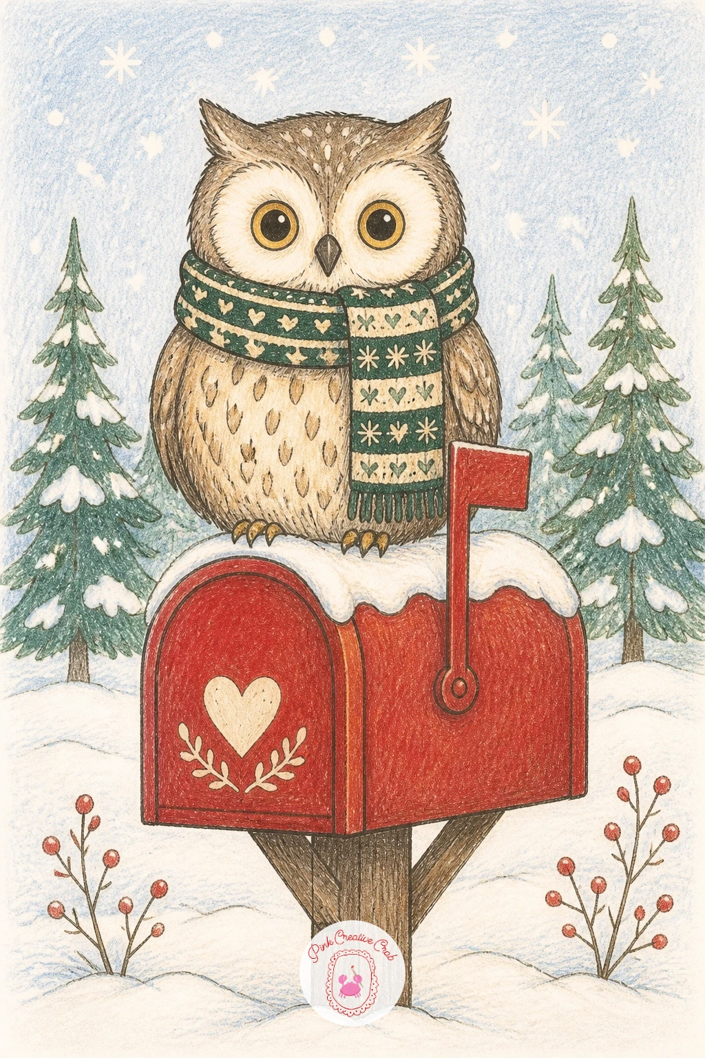 Owl in a Knitted Scarf on a Mailbox — Keep the charm going with an owl in a knitted scarf perched on a mailbox. Winter scenery drawing
