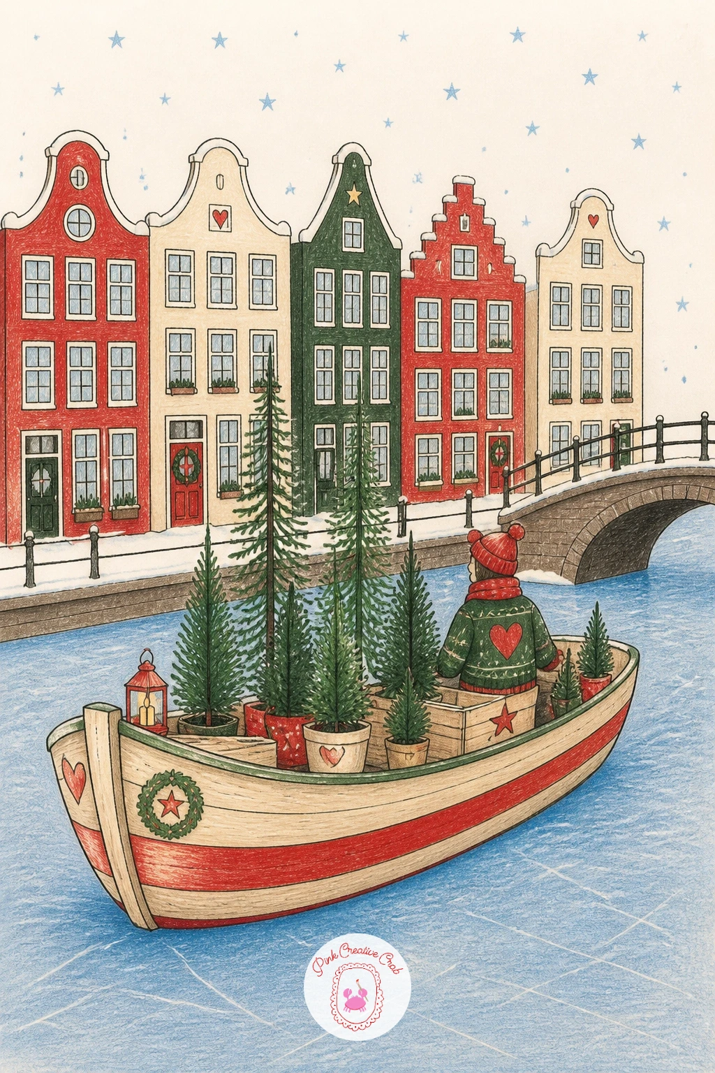 Market Boat Selling Trees on a Frozen Canal — Try a slightly busier composition with a market boat selling Christmas trees on a frozen canal. Winter scenery
