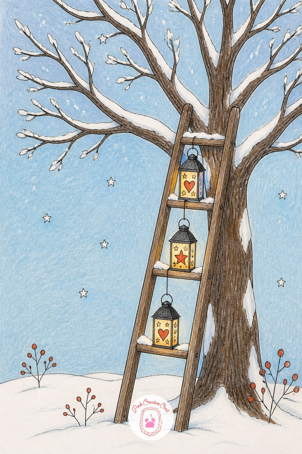 Ladder With Lanterns Leaning on a Tree — Slow down with a simpler still life, a wooden ladder leaning on a snowy tree with lanterns hanging on it. Winter