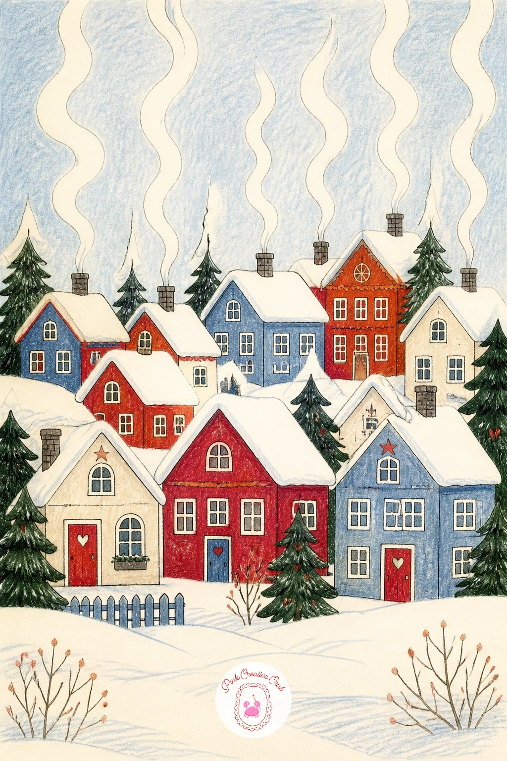 Village With Smoke Curling From Every Chimney — Bring everything together with a wider scene, a Scandinavian village with smoke curling from every chimney.