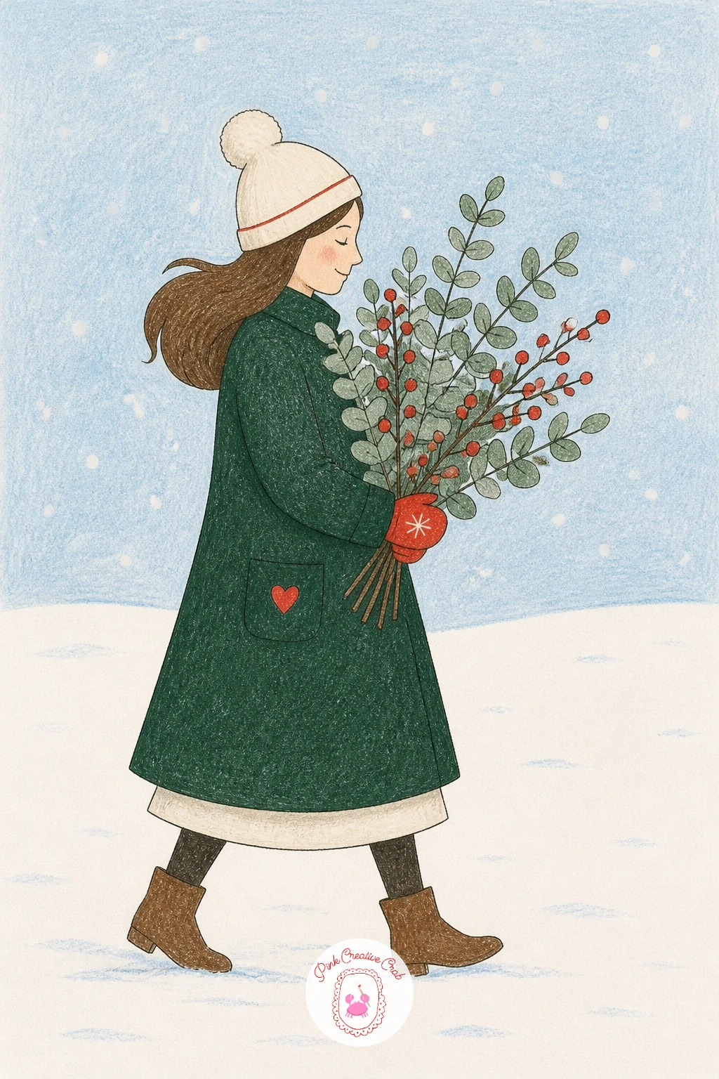 Woman Carrying Eucalyptus and Berries — Step back to a single figure with a woman in a long coat carrying a bouquet of eucalyptus and berries. Winter scenery