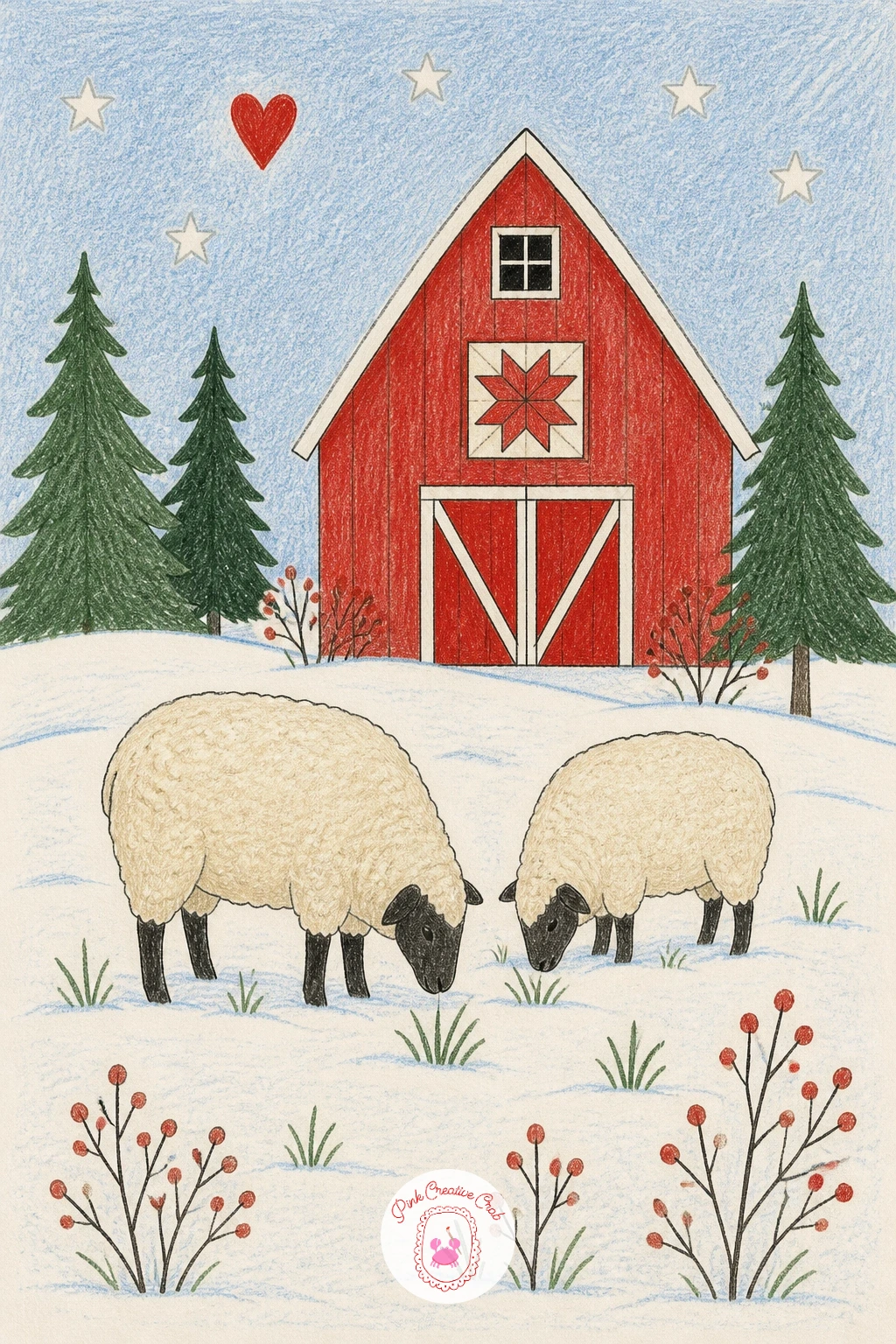 Two Sheep in a Meadow With a Red Barn — Return to the animals with two sheep in a snowy meadow with a red barn behind. Winter scenery drawing