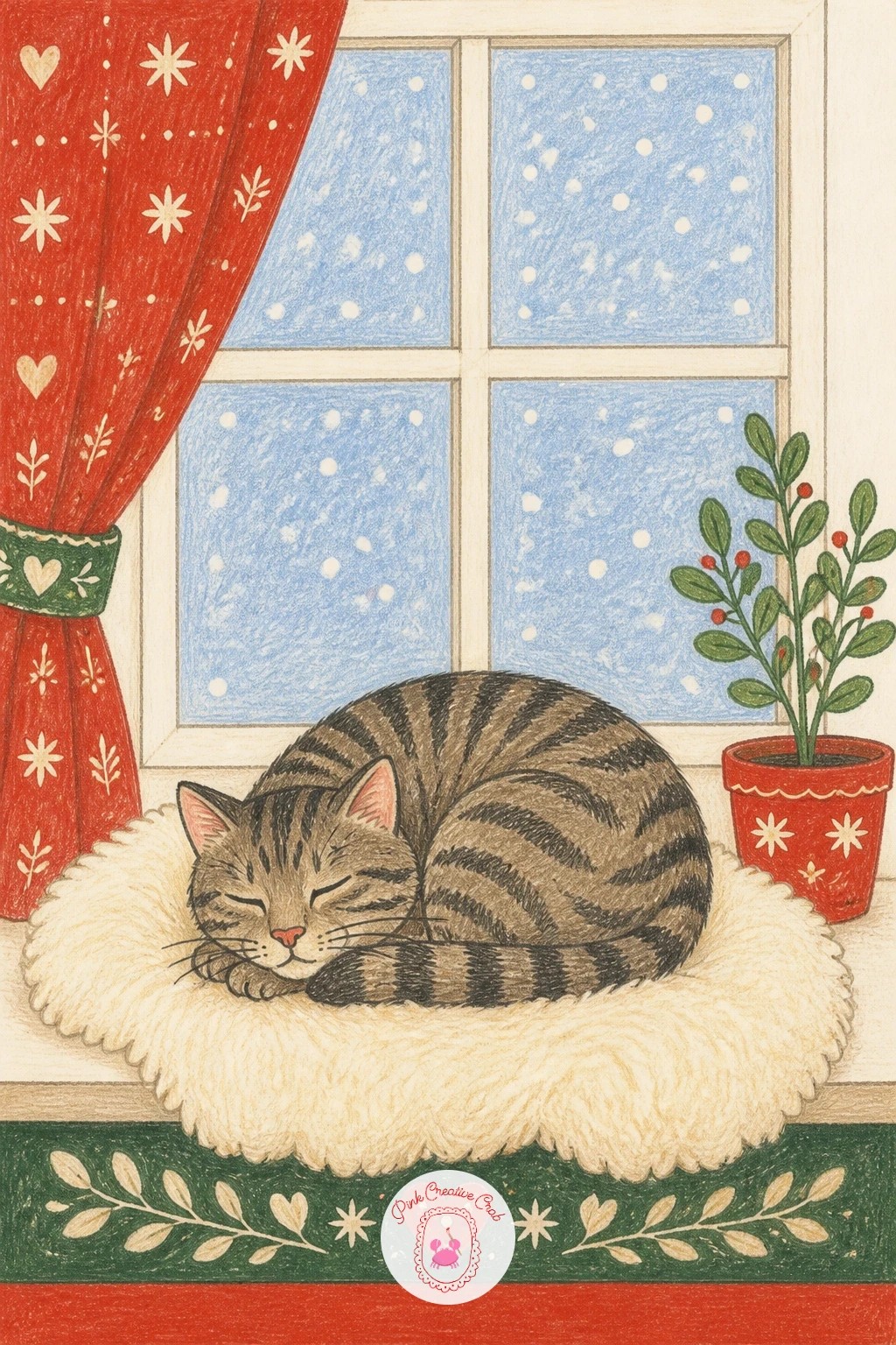Cat Sleeping on a Sheepskin by the Window — Settle into a cozy interior moment with a cat sleeping on a sheepskin by a window full of snow. Winter scenery