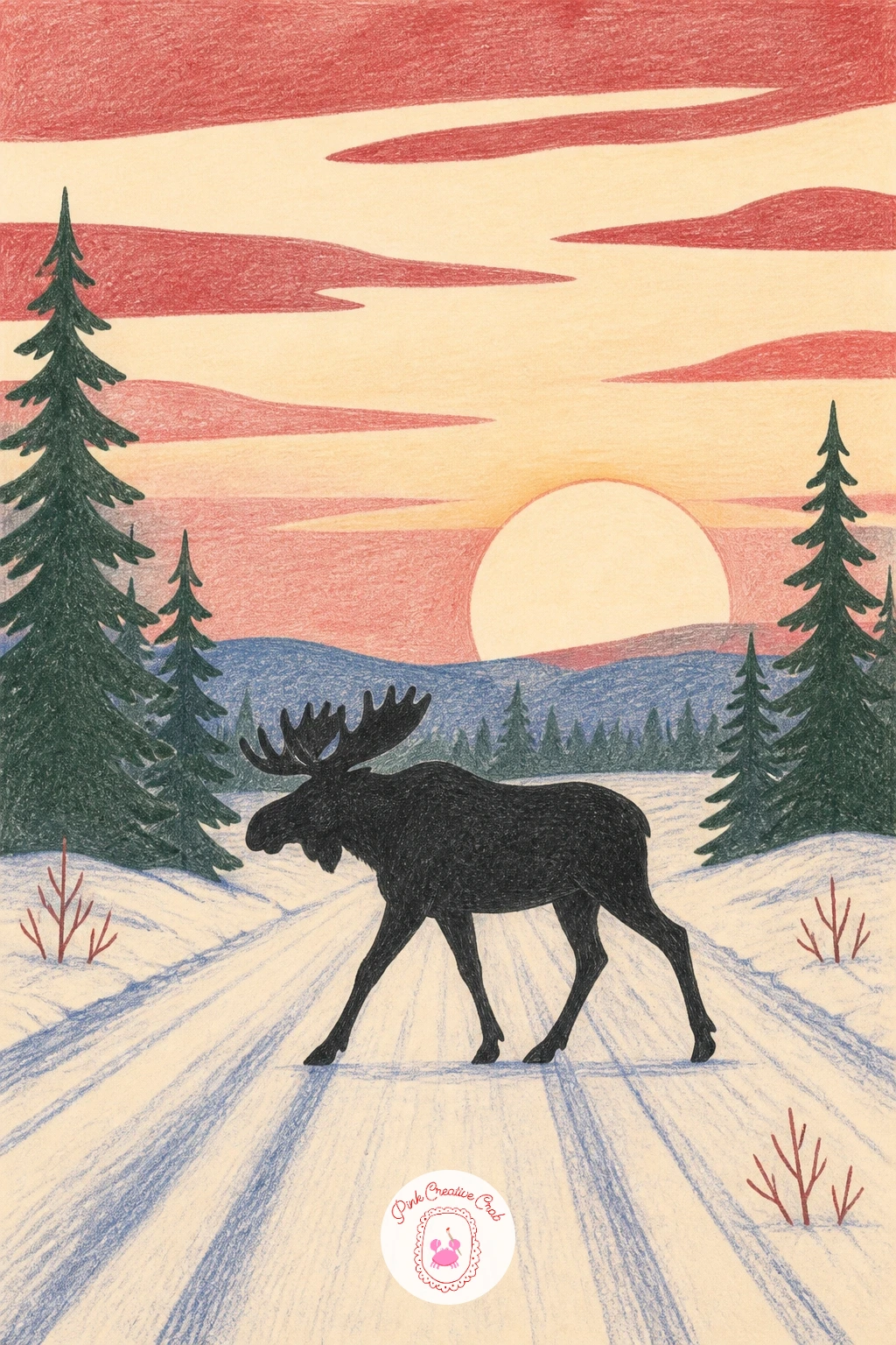 Moose Crossing a Quiet Road at Sunset — Bring in a calm wildlife moment with a moose crossing a quiet road at sunset. Winter scenery drawing