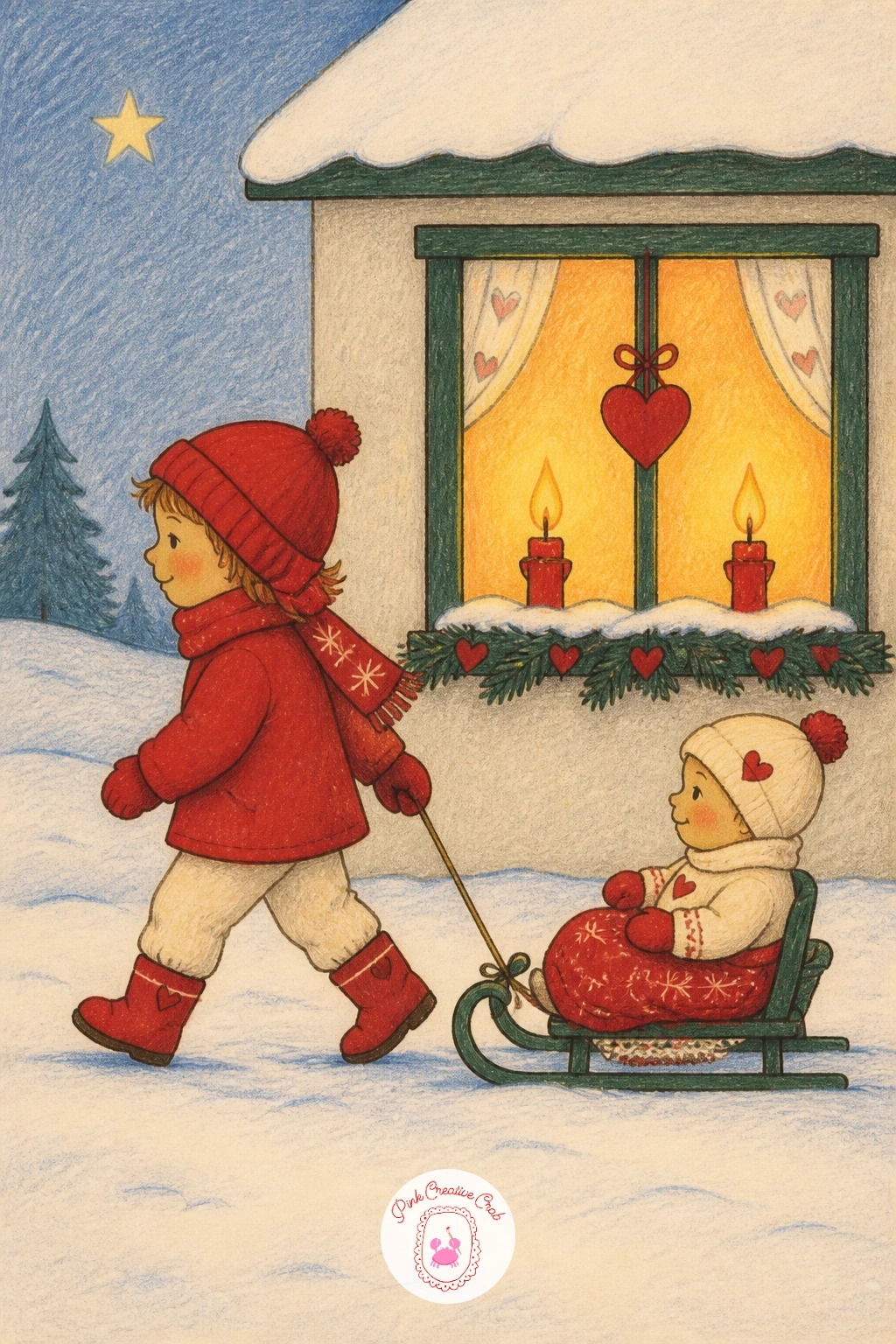 Child Pulling a Sibling Past a Candlelit Window — Bring the set toward its close with a tender family scene, a child pulling a younger sibling on a sled past a
