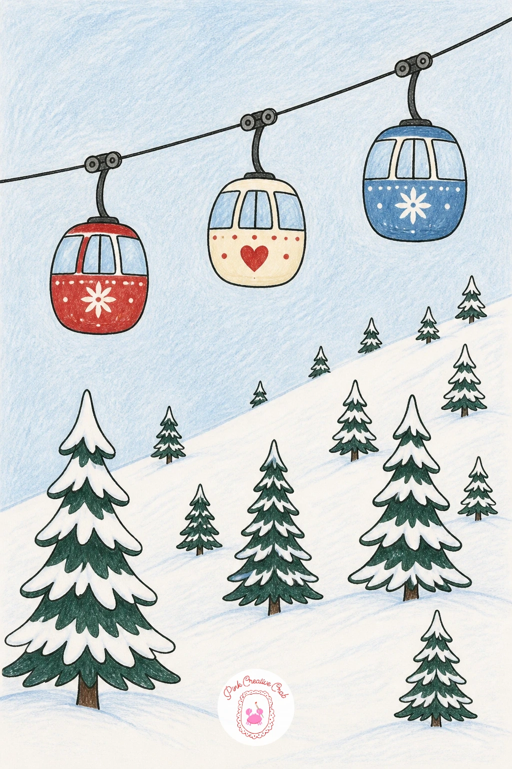 Ski Lift With Gondolas Above Pines — Close the set with a wider view, a ski lift with colorful gondolas above snowy pines. Winter scenery drawing
