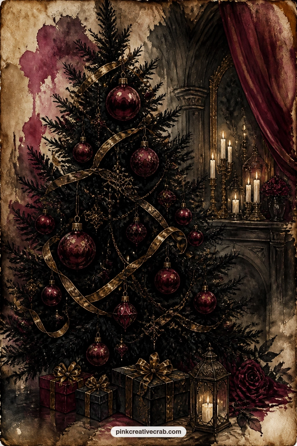 Black Tree With Burgundy Baubles printable page — Here stands a black Christmas tree strung with burgundy glass baubles and antique gold ribbon, its branches