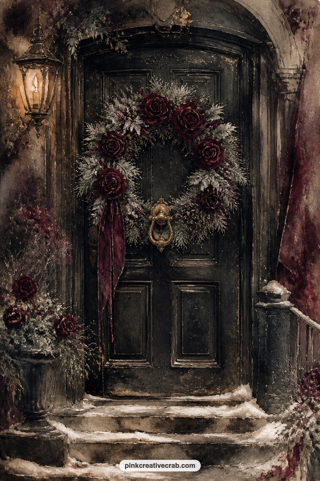 Wreath Of Dark Roses On Black Door printable page — Pair this with the black ribbon garland pattern further on: trim the wreath page close and let the garland