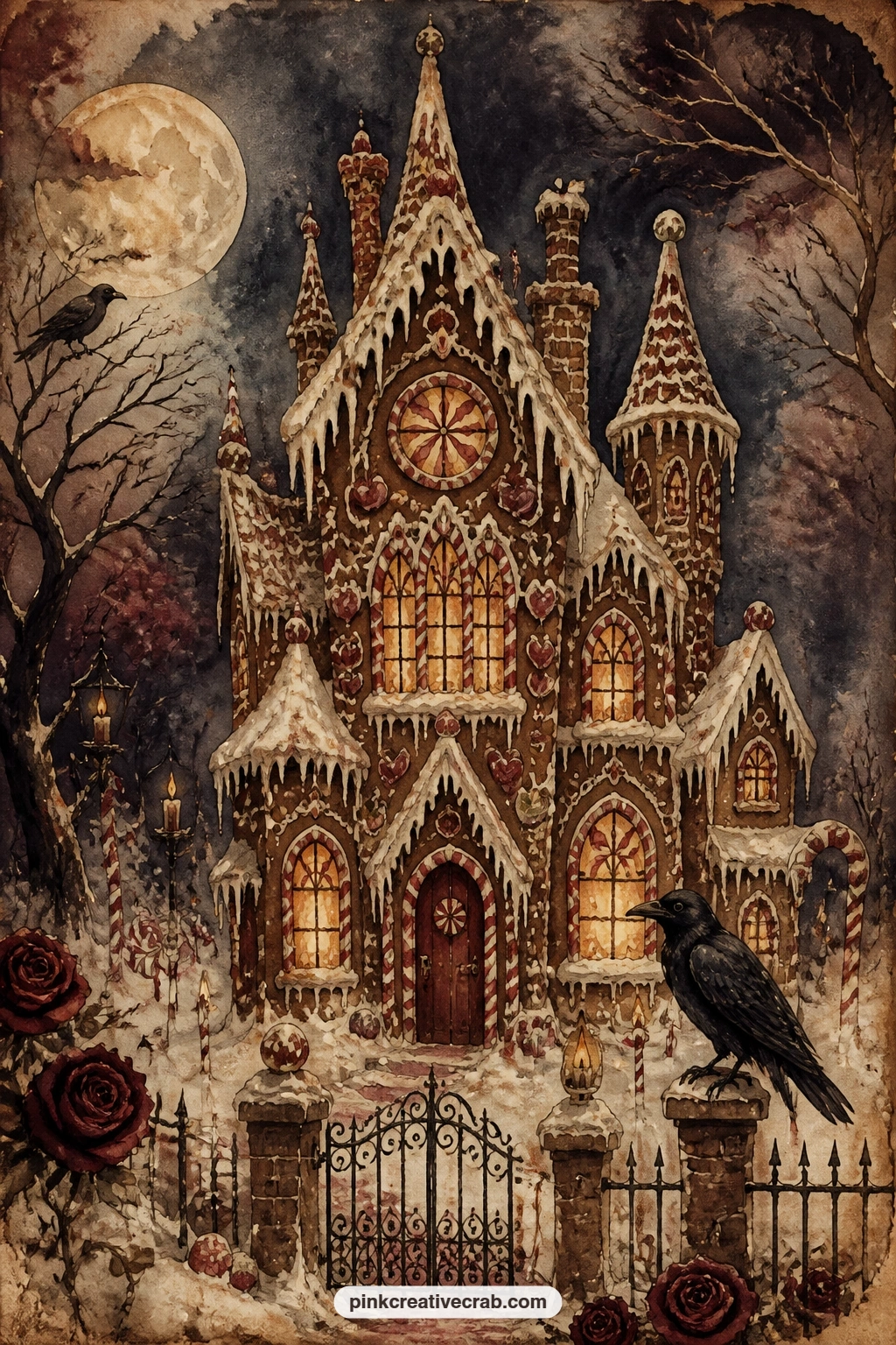 Gingerbread Mansion In Snow printable page — Jagged turrets, candy windowpanes and a crooked iron gate make this a spooky gingerbread mansion standing alone in