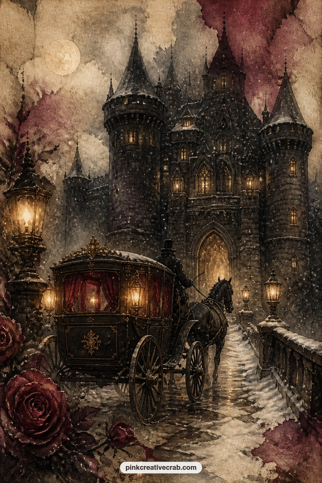 Carriage Arriving At Dark Castle printable page — A horse drawn carriage pulls up before a dark castle in heavy snow, its lamps glowing gold against stone