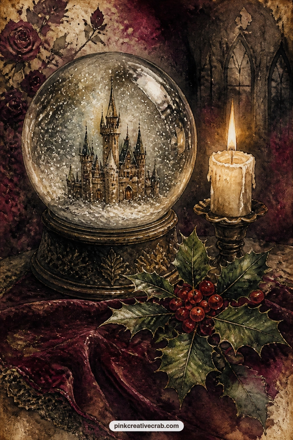 Snow Globe With Tiny Castle printable page — The usual mistake with a snow globe page is leaving it too bare: paint a ribbon of holly and a candle stub beside